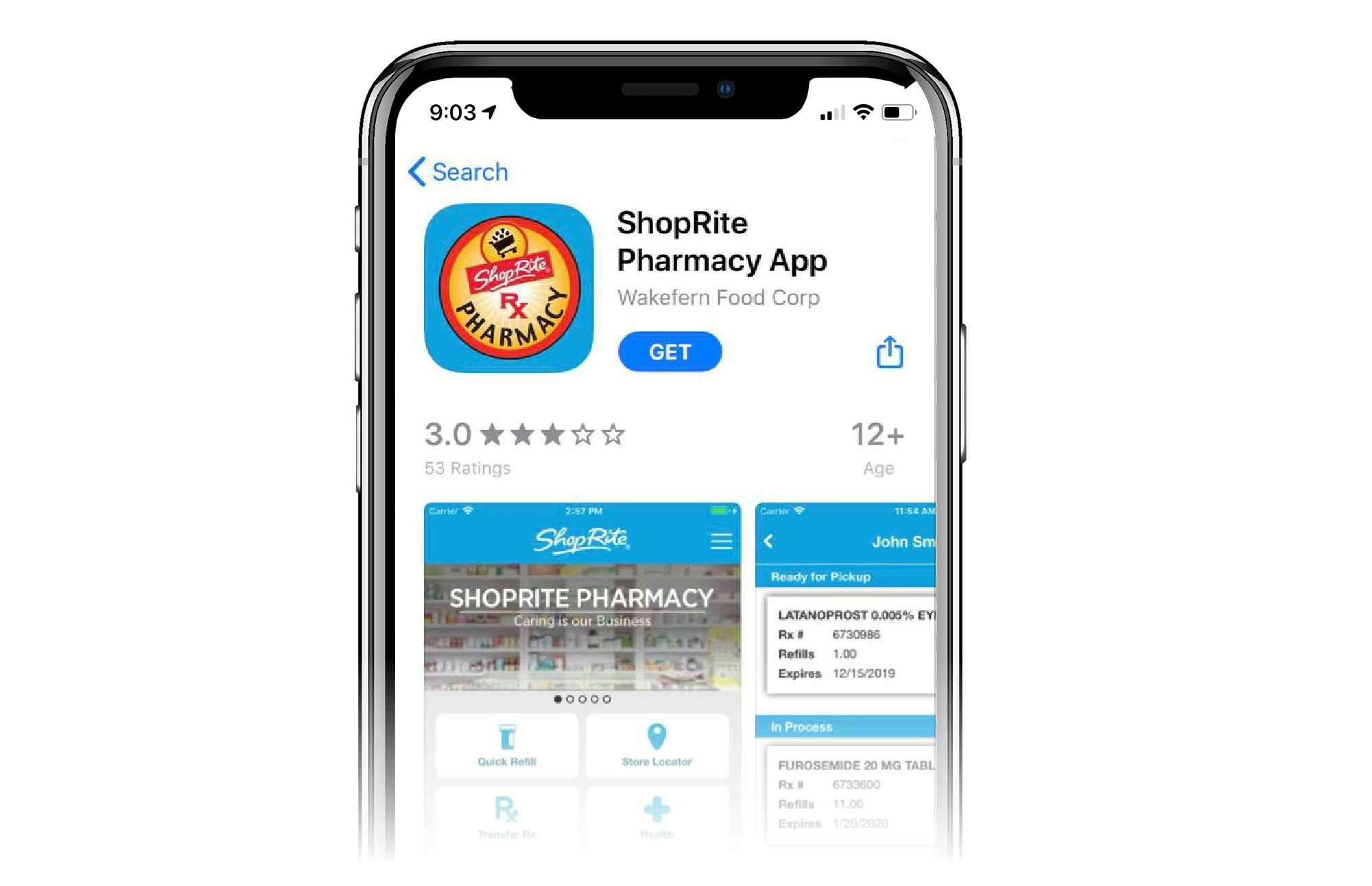 phone screen showing shoprite pharmacy app in apple app store