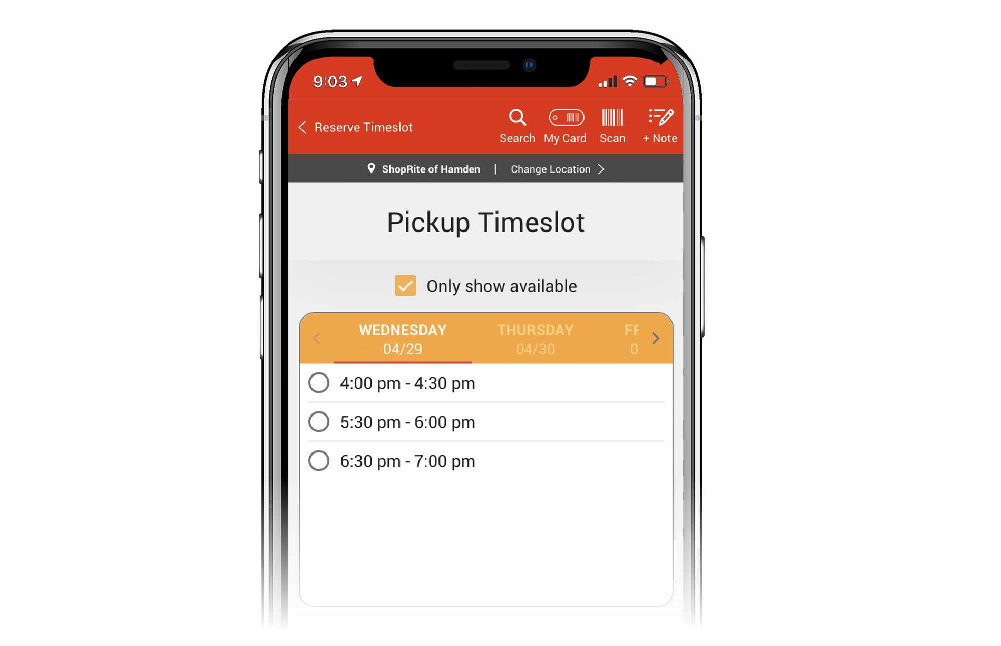 phone screen showing shoprite app and pickup timeslot screen reads only show available with wednesday april 29 afternoon times listed