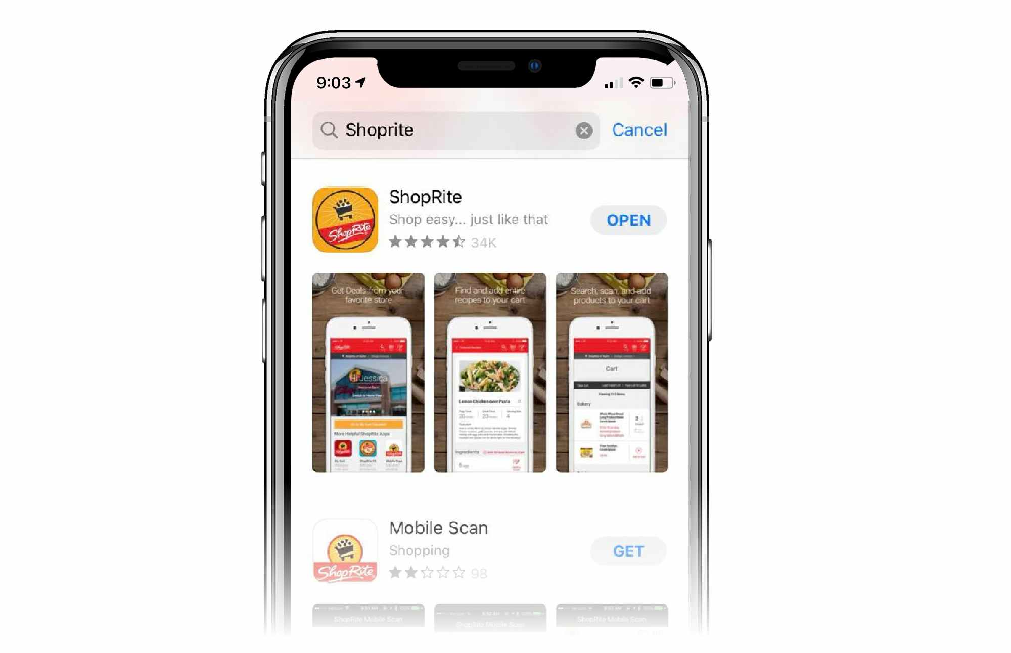 phone screen showing shoprite app in app store with open button to the right