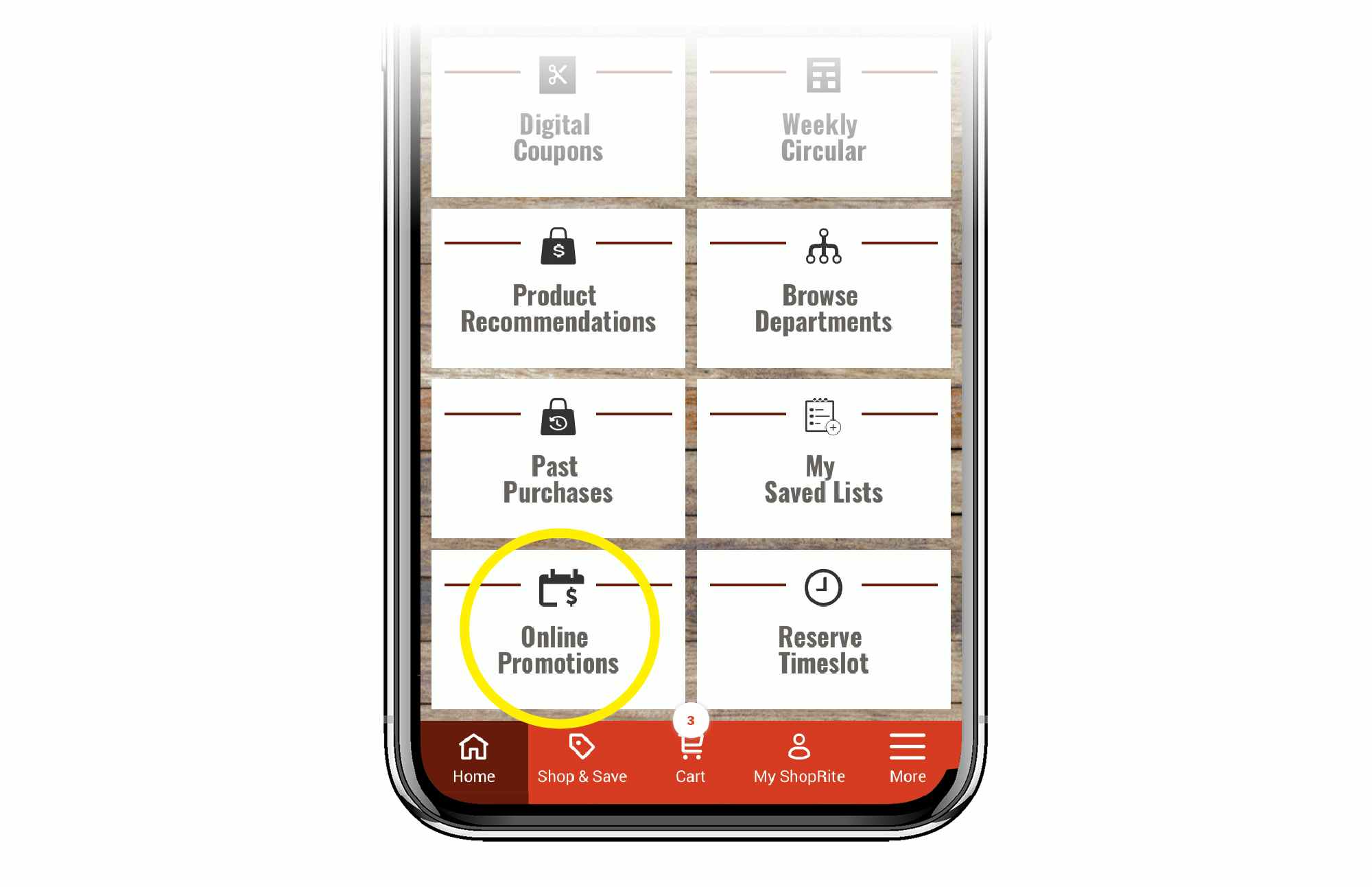 phone screen showing shoprite app with online promotions icon circled in yellow