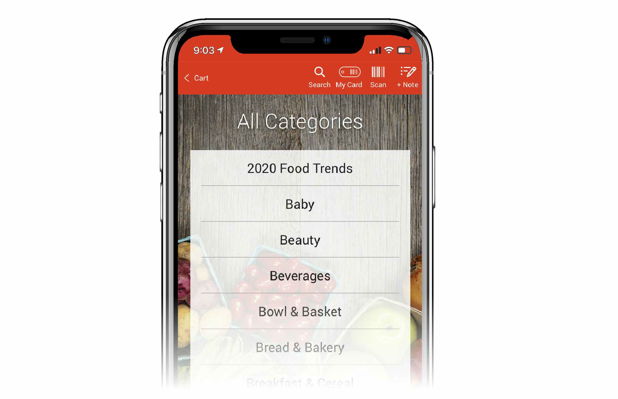 phone screen shows shoprite app with all categories listed 2020 food trends, baby, beauty, etc