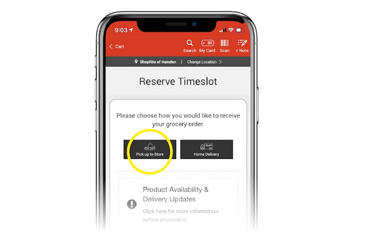 phone screen showing shoprite app with reserve timeslot and pickup in store circled in yellow