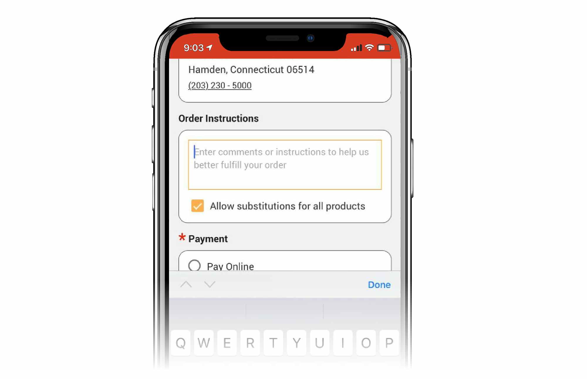 phone screen showing shoprite app with order instructions box and cursor inside. box below allowing for substitutions on all products is checked