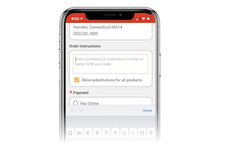 phone screen showing shoprite app with order instructions box and cursor inside. box below allowing for substitutions on all products is checked