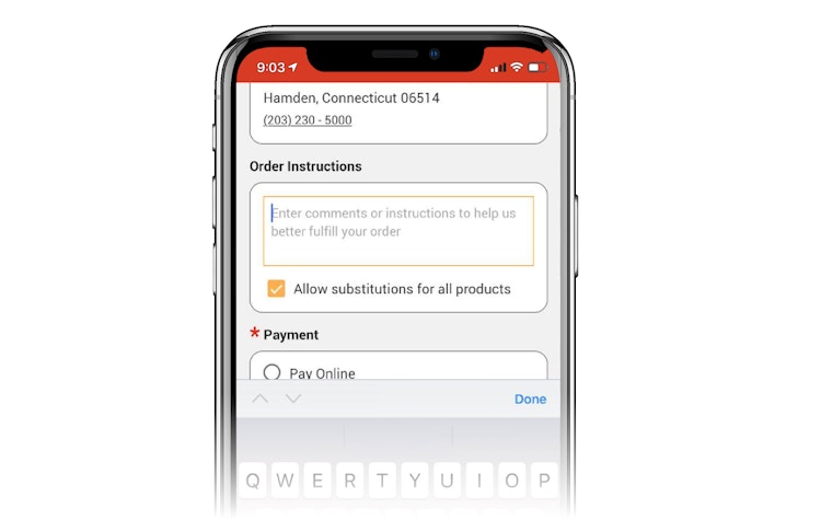 phone screen showing shoprite app with order instructions box and cursor inside. box below allowing for substitutions on all products is checked