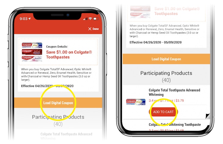 two side by side phone screens showing the ShopRite app with load digital coupons and add to cart circled in yellow