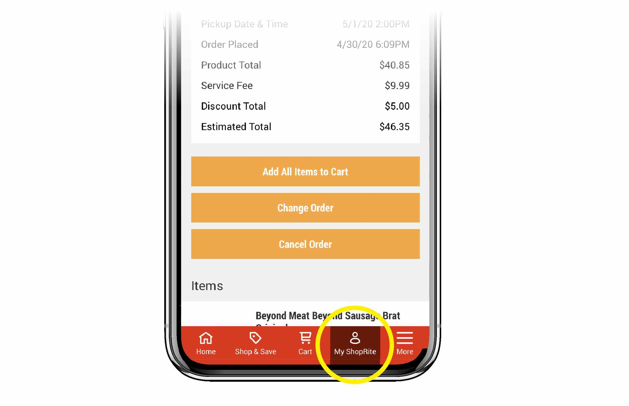 phone screen showing shoprite app with My ShopRite menu item circled in yellow