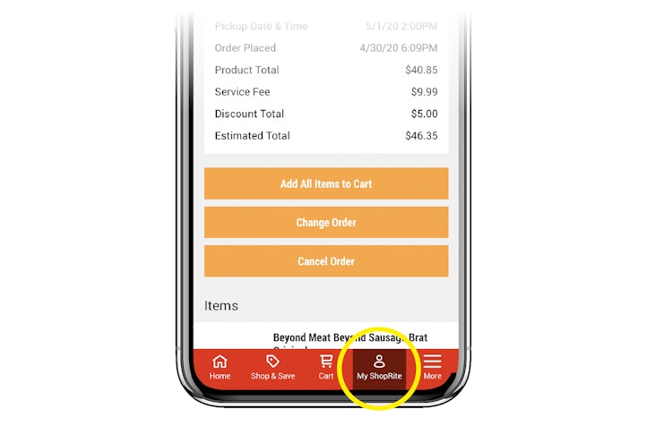 phone screen showing shoprite app with My ShopRite menu item circled in yellow
