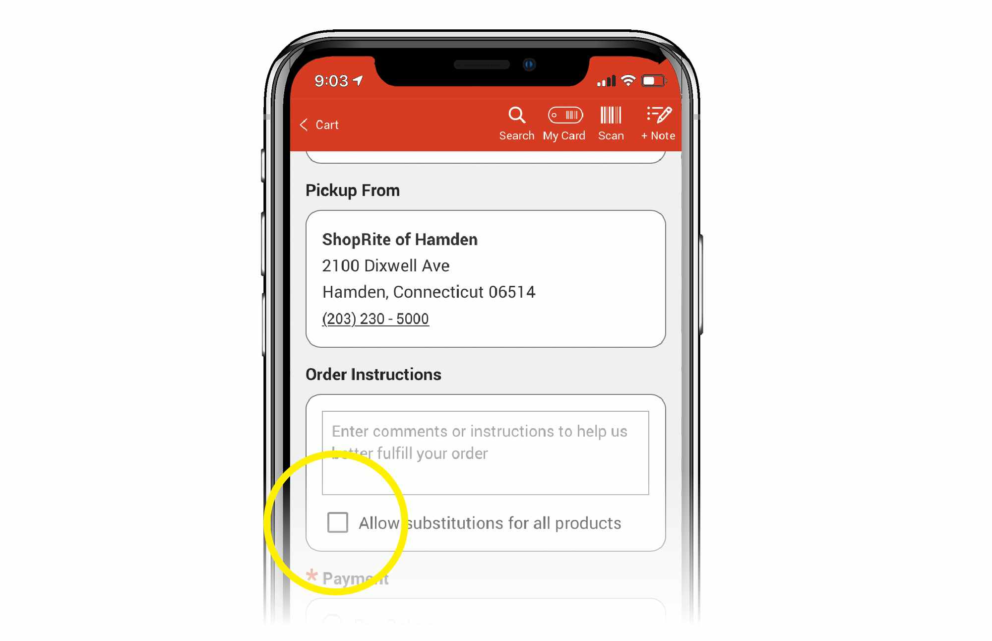 phone screen showing shoprite app with a box labelled allow substitutions for all products and circled in yellow