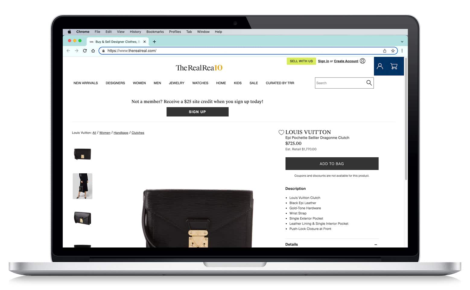 laptop screen showing louis vuitton clutch on realreal.com