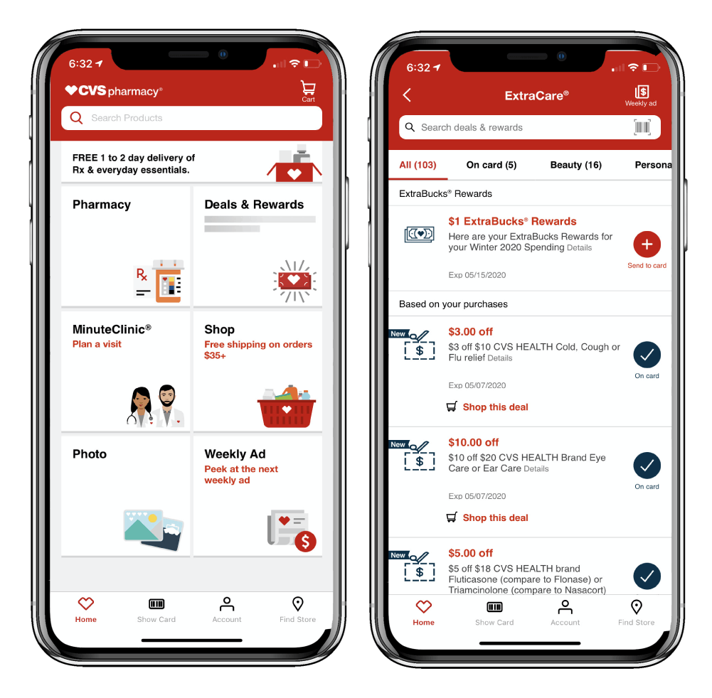 CVS app shows shopping categories and extra buck rewards along with digital coupons