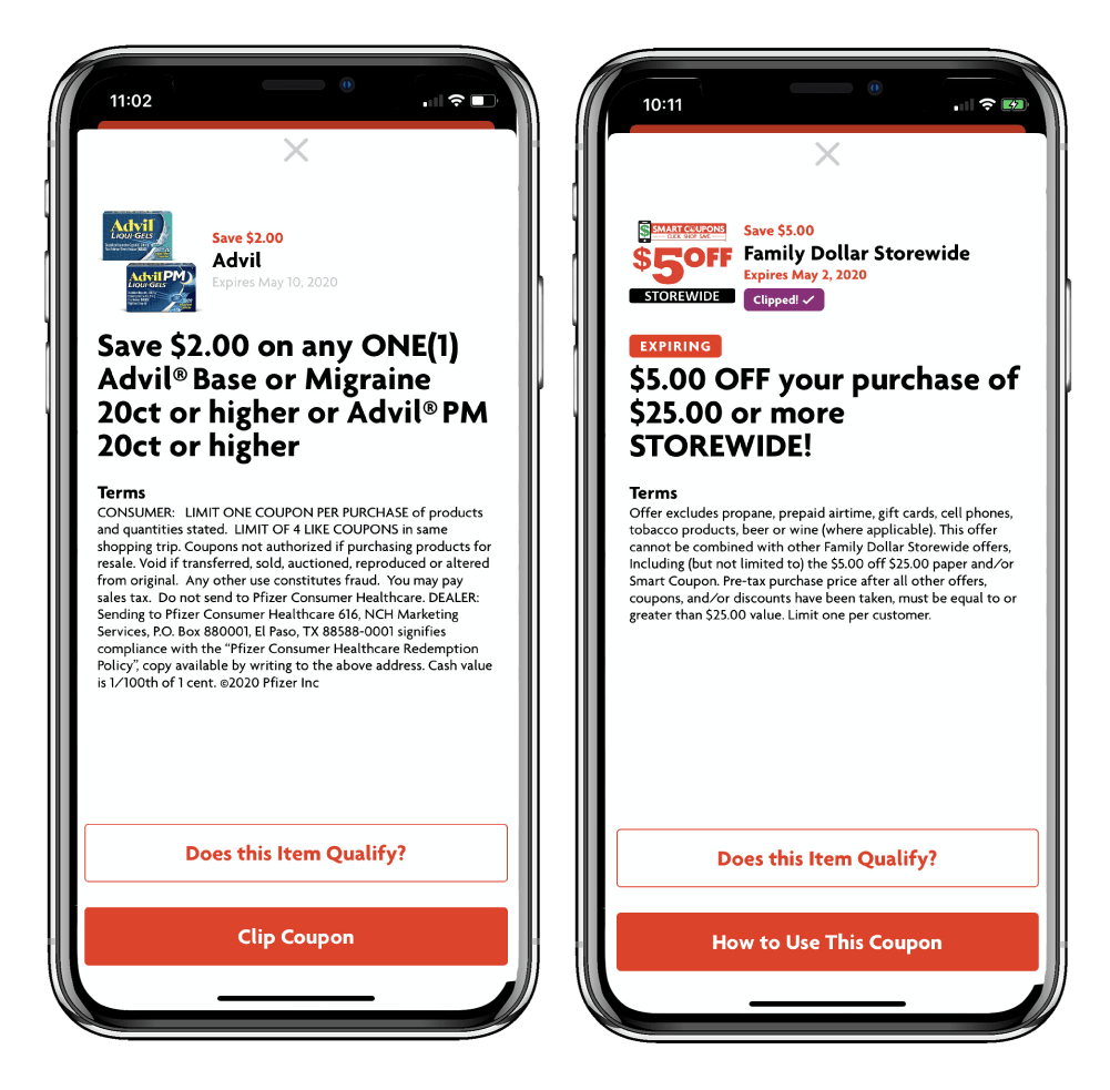 family dollar app shows advil coupon and $5 off purchase coupon