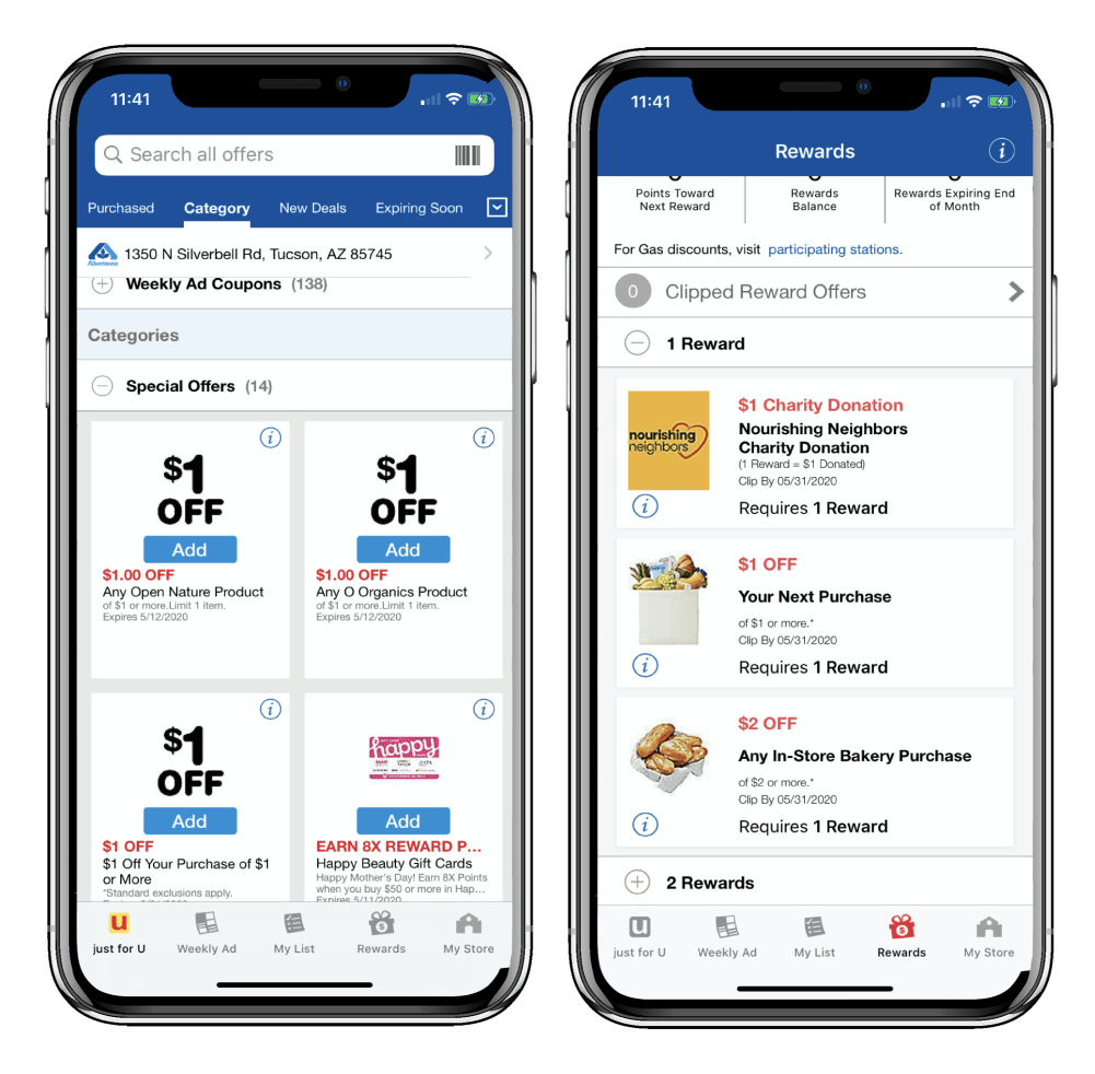 Albertsons app shows $1 off coupons and clipped reward offers