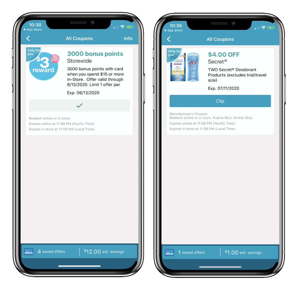walgreens app shows 3000 bonus points and $4 off secret deodorant coupon