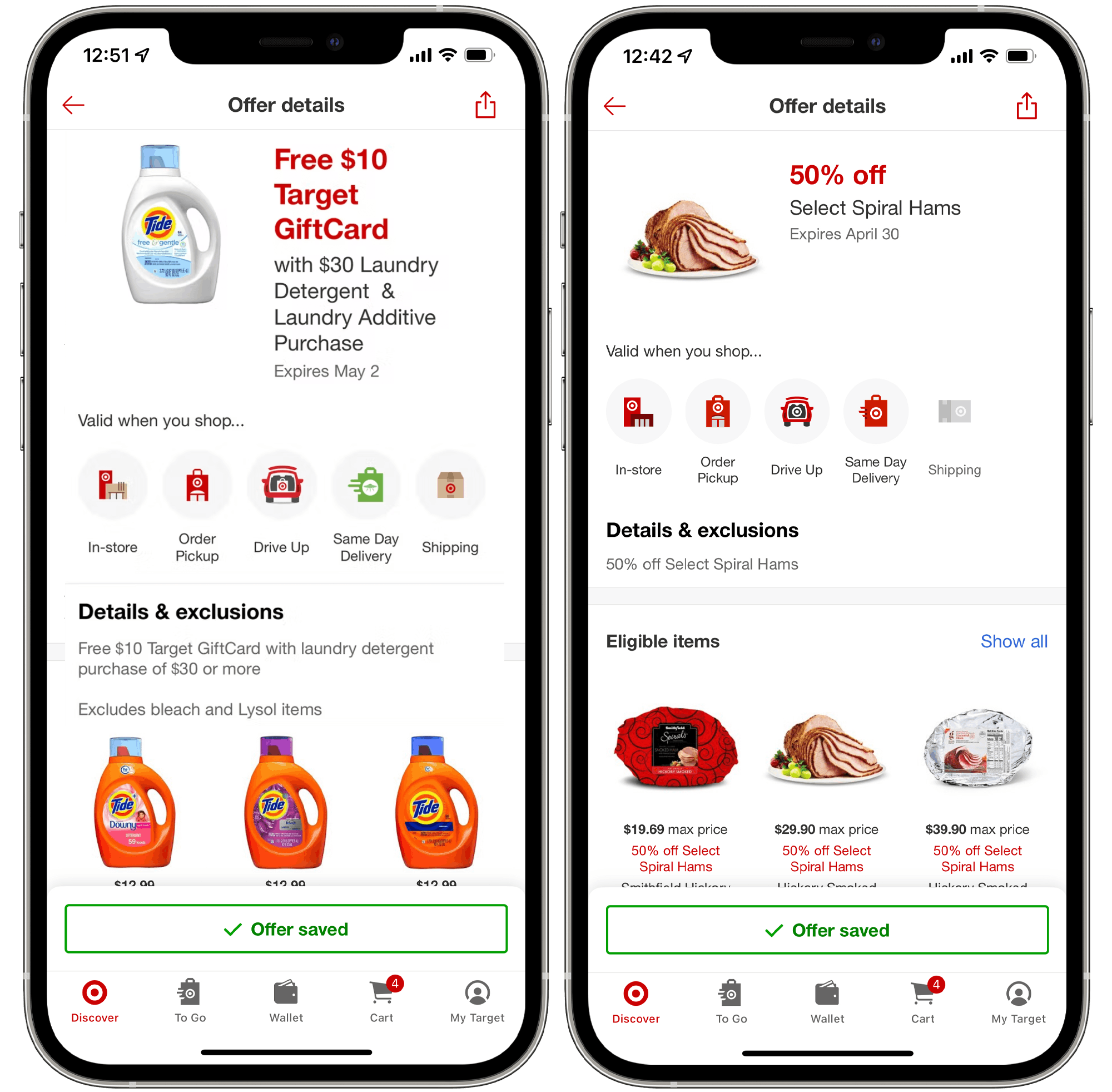 A graphic of two iPhones displaying two different Offers saved on the Target Circle app.