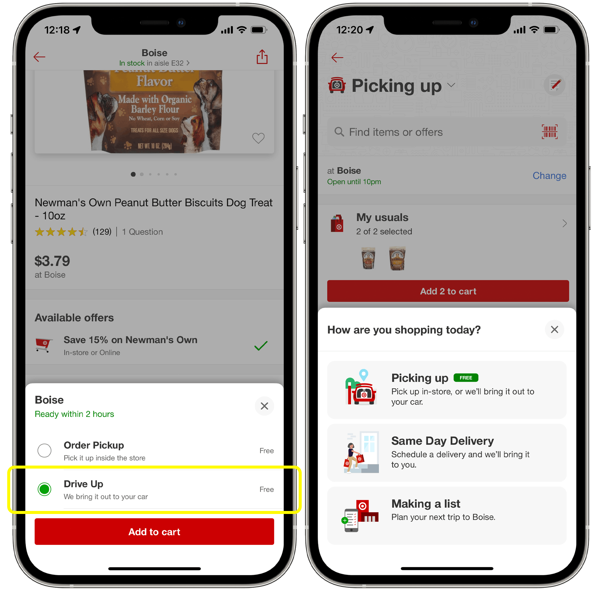 A graphic of two phones displaying the steps for choosing the Drive Up option in the Target mobile app.