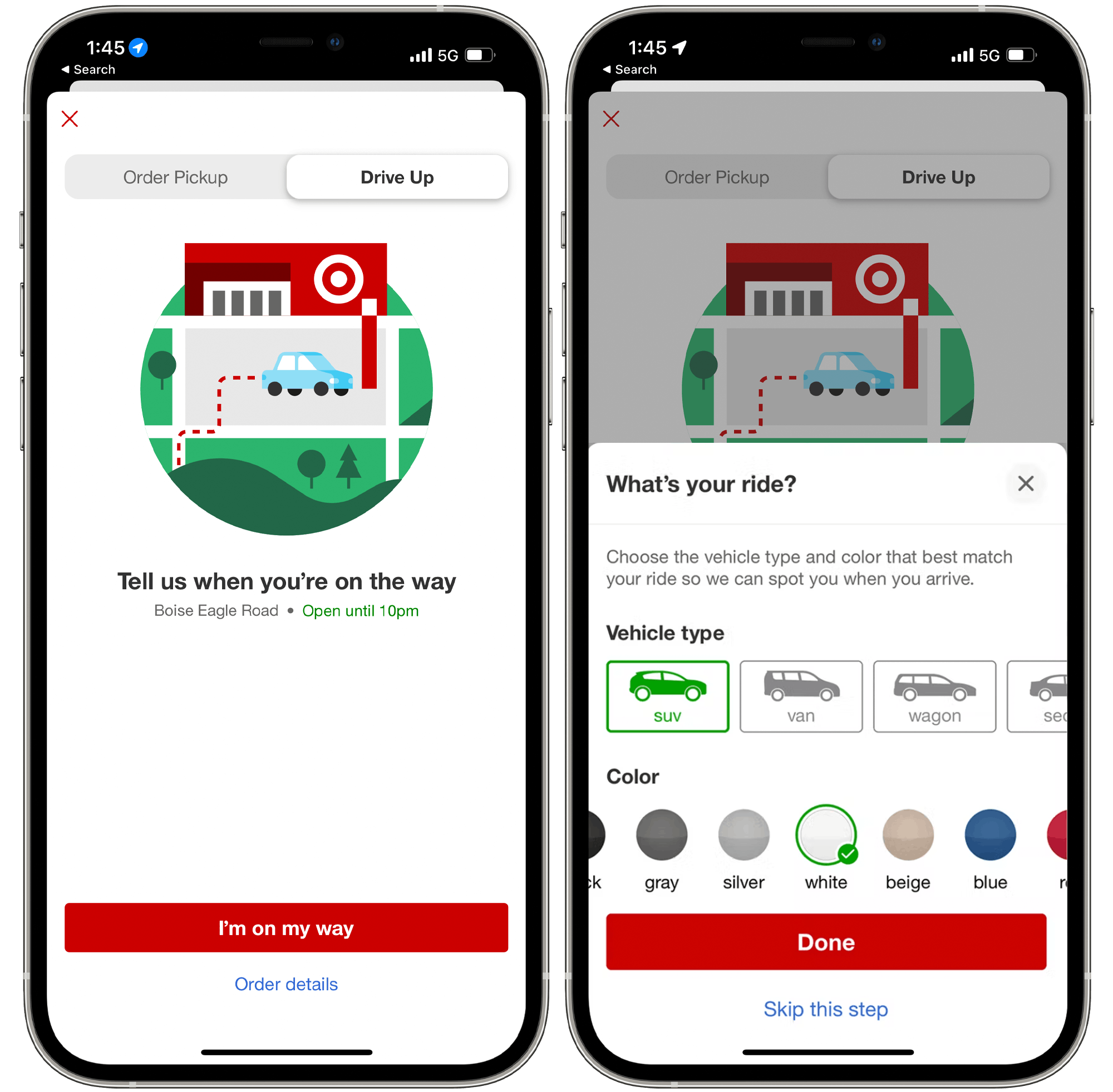 A graphic of two iPhones displaying the Target Circle app's options for notifying Target that "I'm on my way" and a page to provide a description of the car.