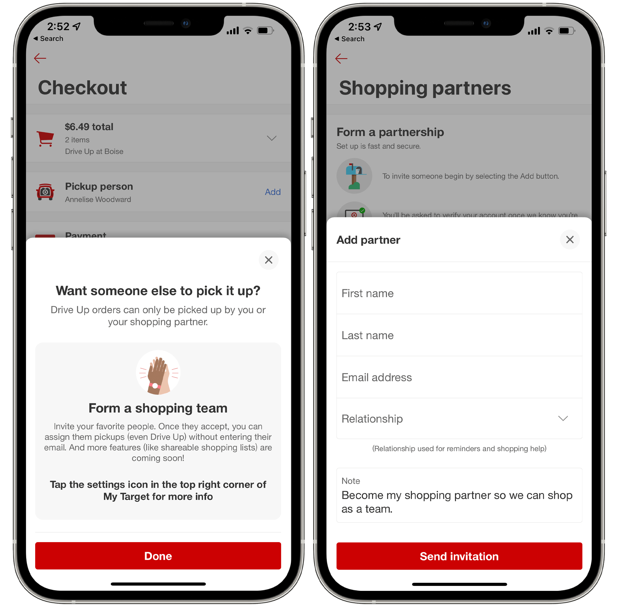 A graphic of two iPhones displaying the Target app's pages for adding an authorized person to pick up an order for you.