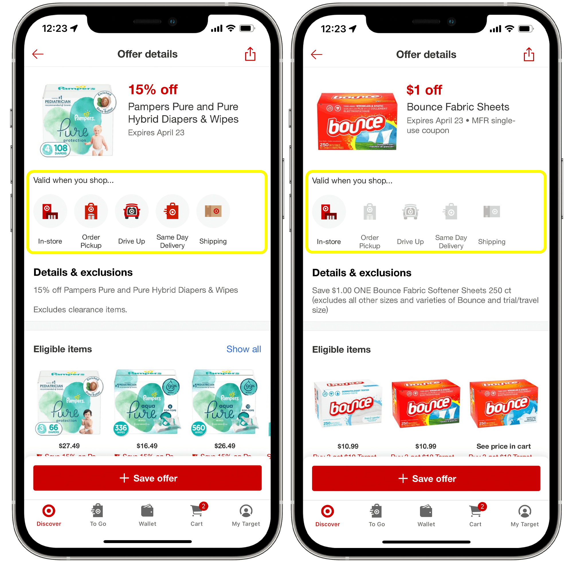 A graphic of two iPhones displaying two different offers on the Target Circle app, one which works for all types of Target shopping, and the other that only works in-store.