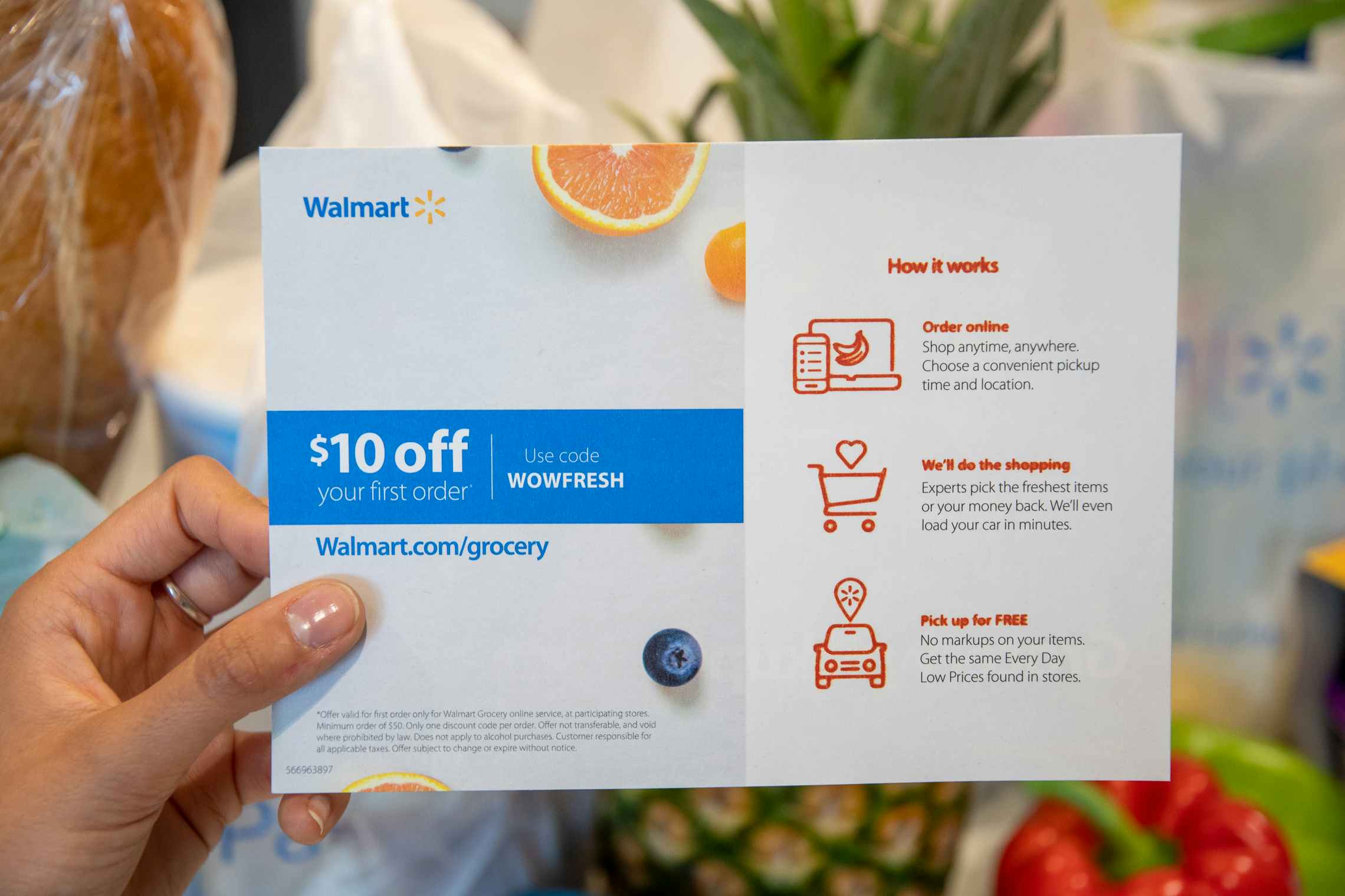 Walmart pamphlet with details and discount code for grocery delivery and pickup.