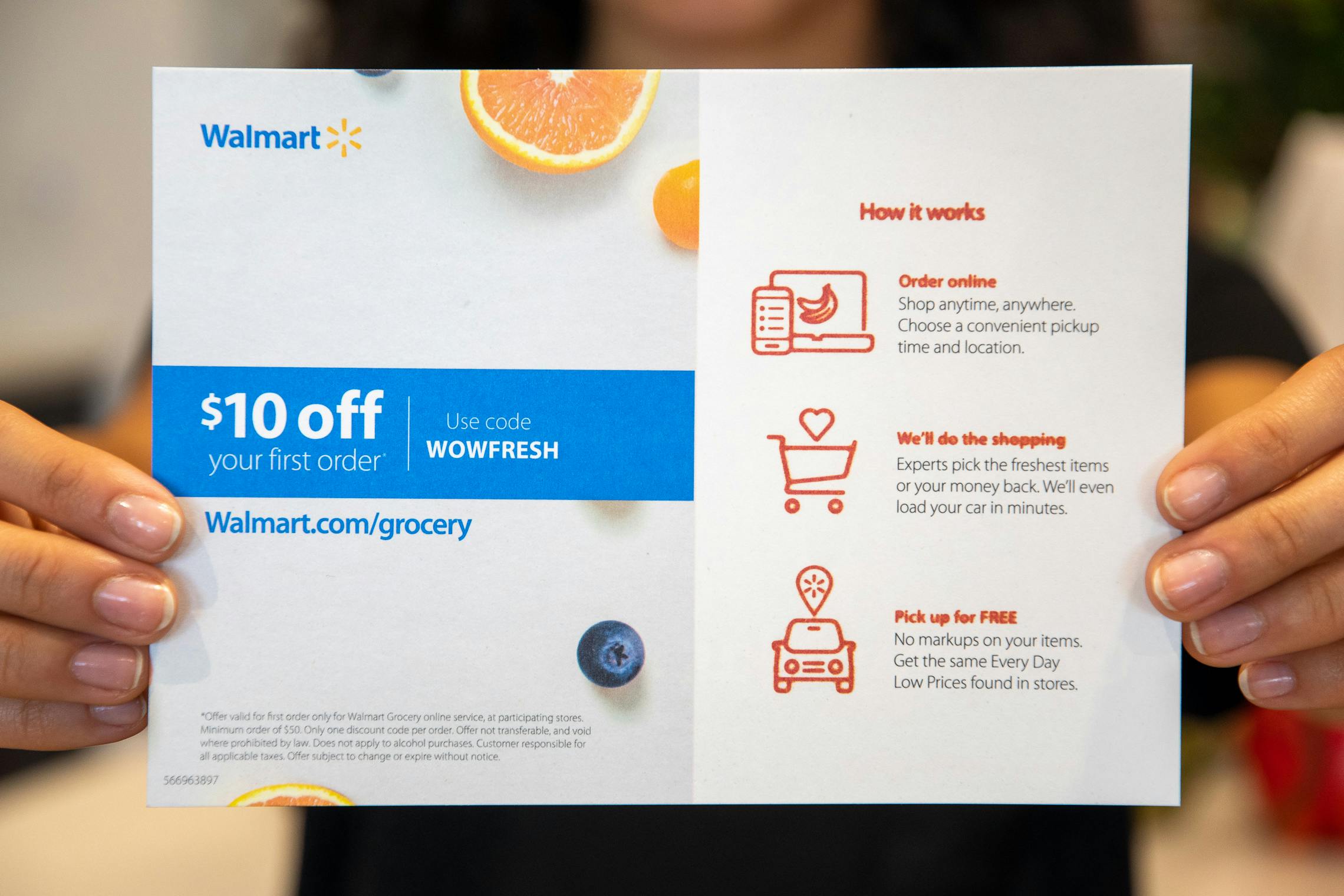 Walmart pamphlet with details and discount code for grocery delivery and pickup.