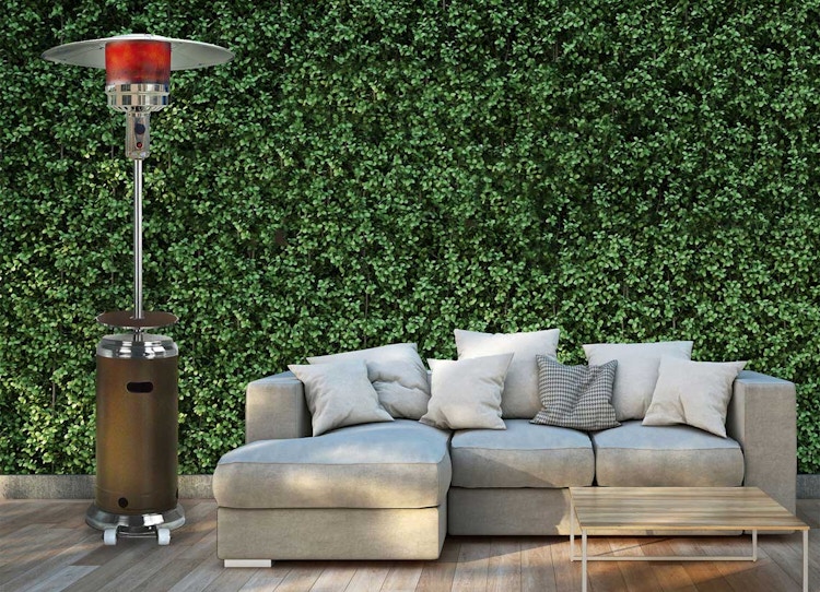 a hanover patio heater next to an outdoor sofa section on a patio