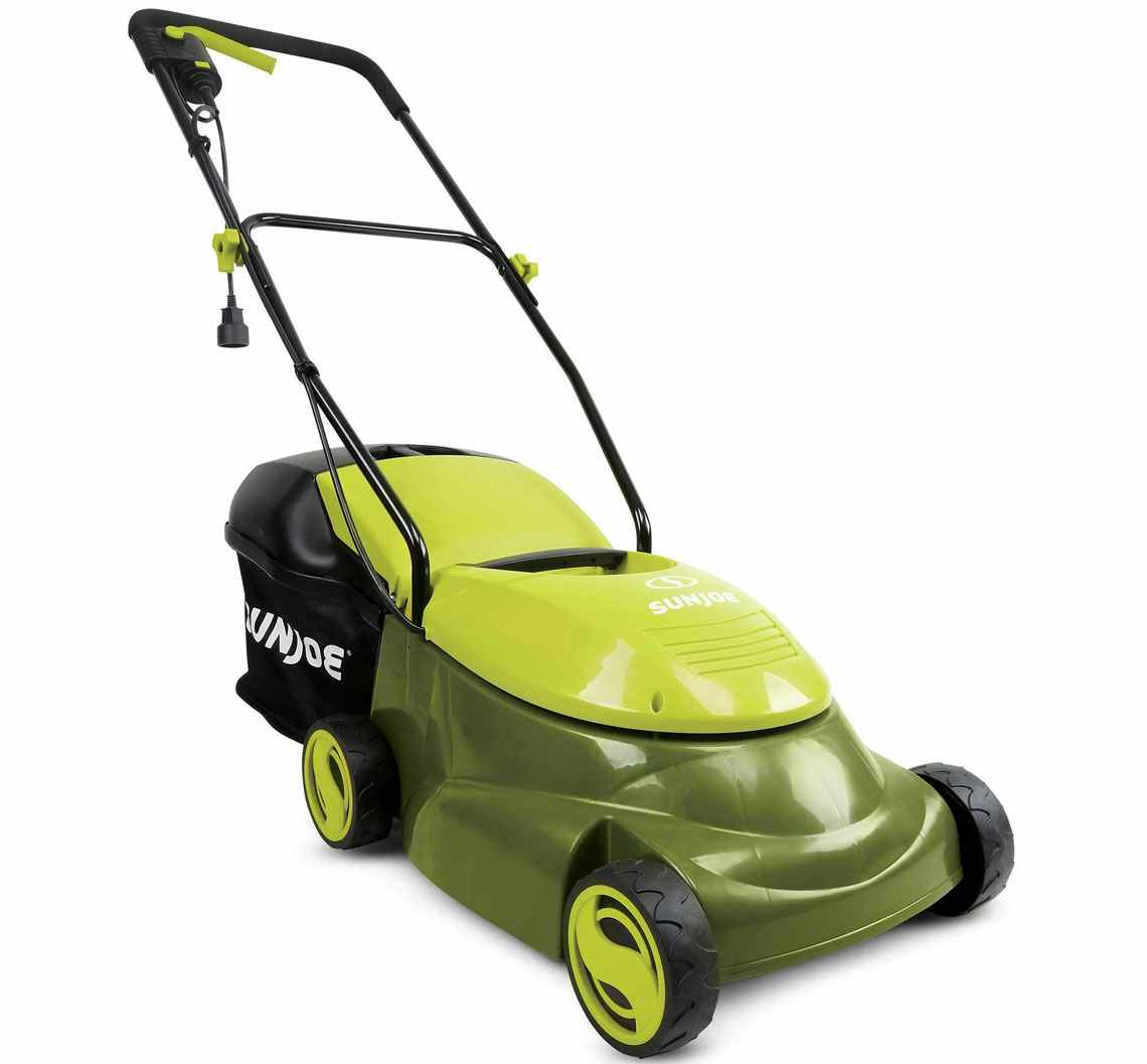 stock photo of green sunjoe electric lawn mower on white background