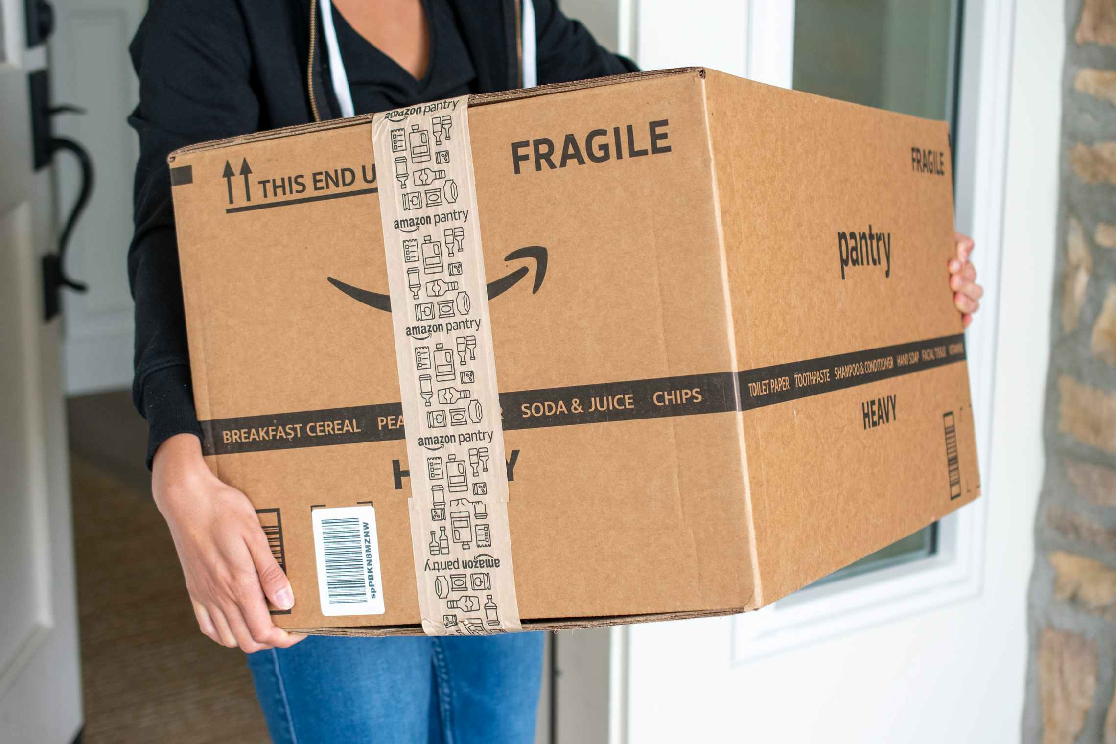 Amazon pantry box on a doorstep.