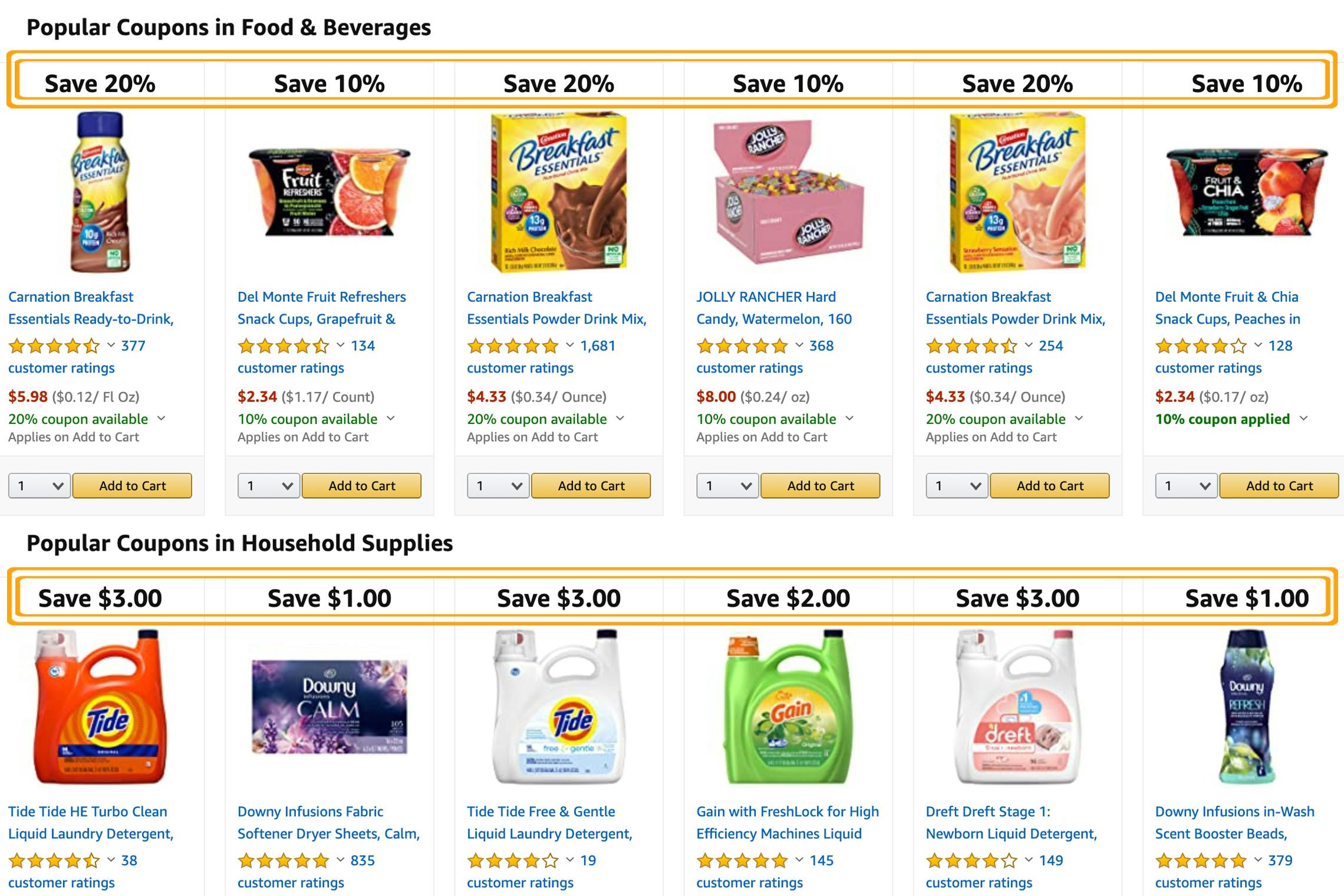 A screenshot of an Amazon website page with several popular coupons listed.