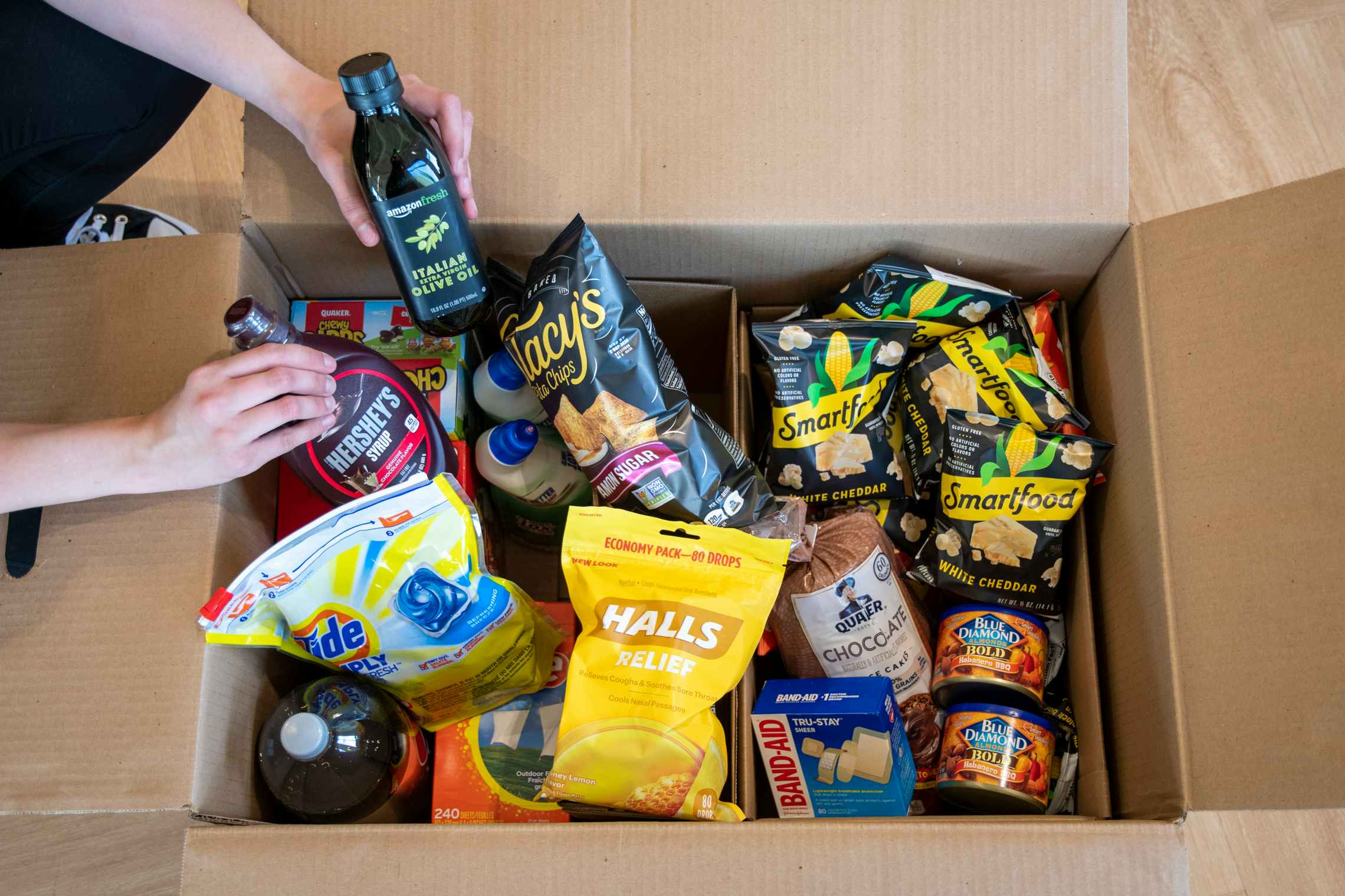 Amazon pantry box with products.