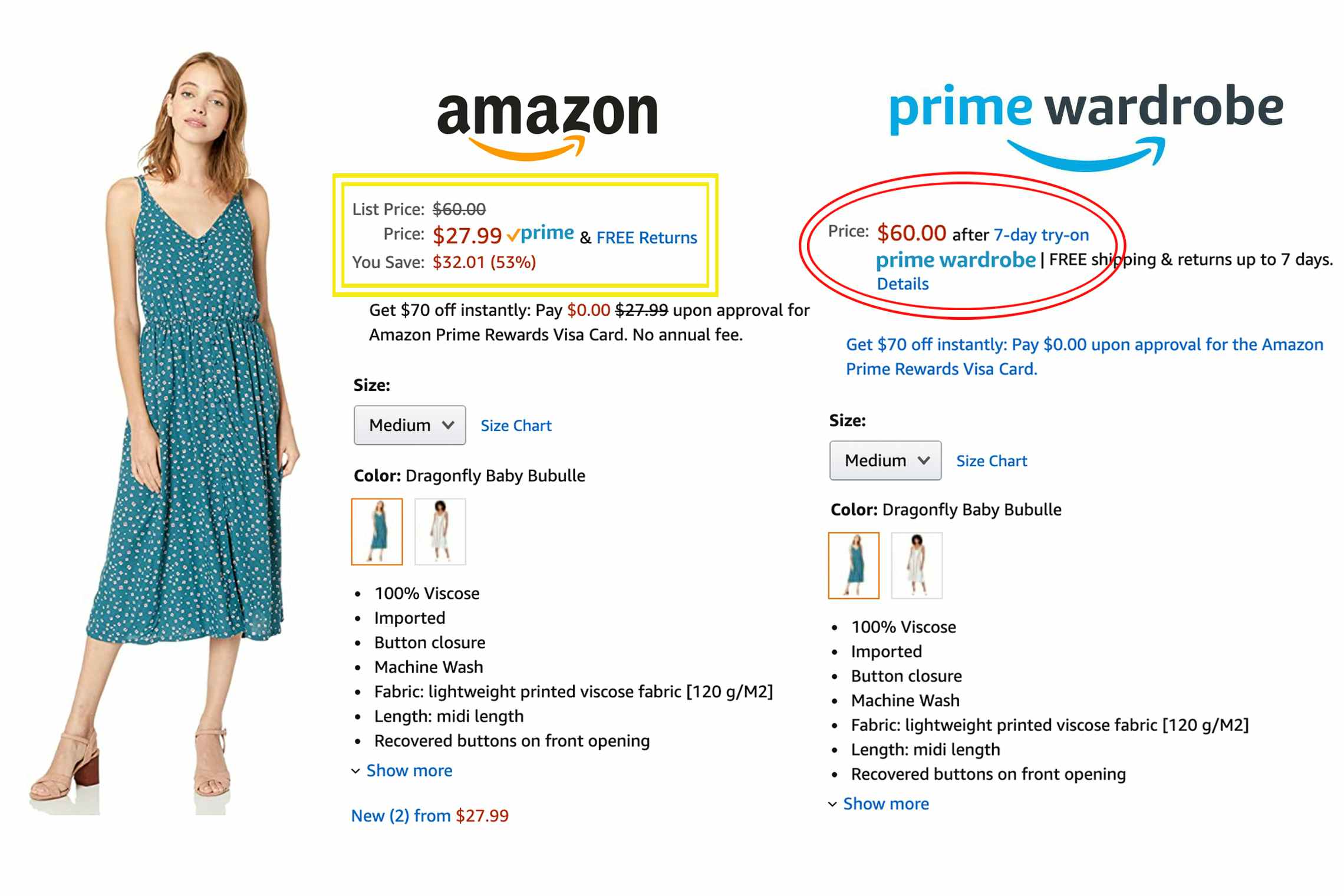 Price comparison of a dress on amazon verses the same dress from amazon prime wardrobe.