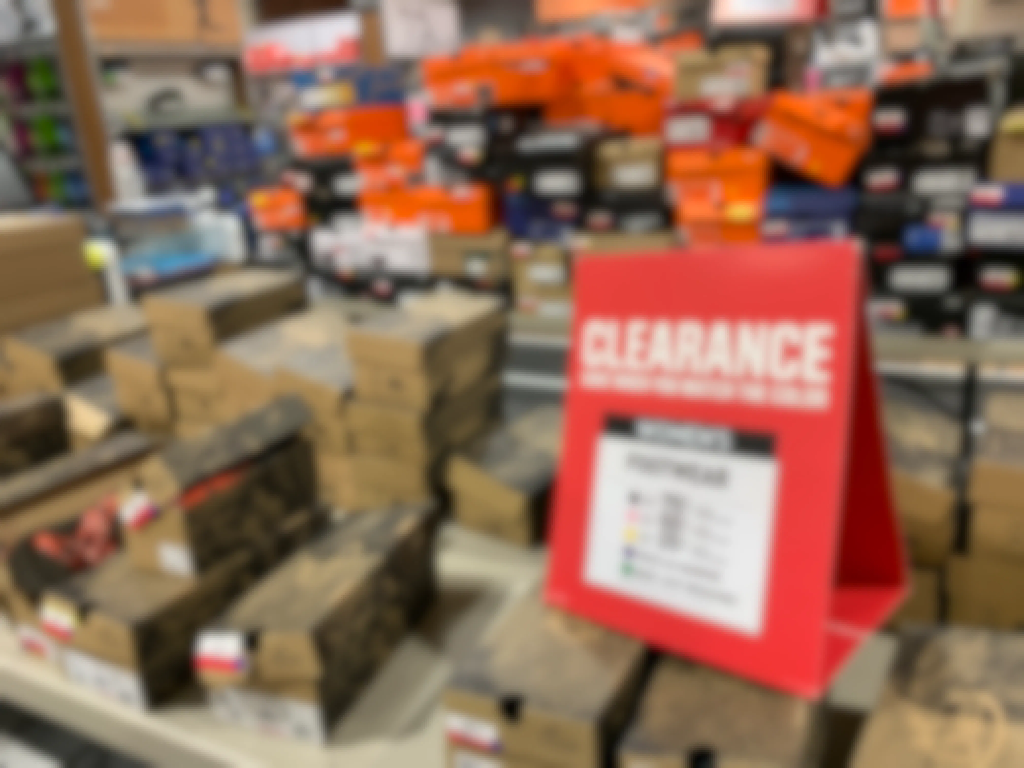 Two tables stacked with shoe boxes and a Clearance sign with information about the prices and clearance colors.
