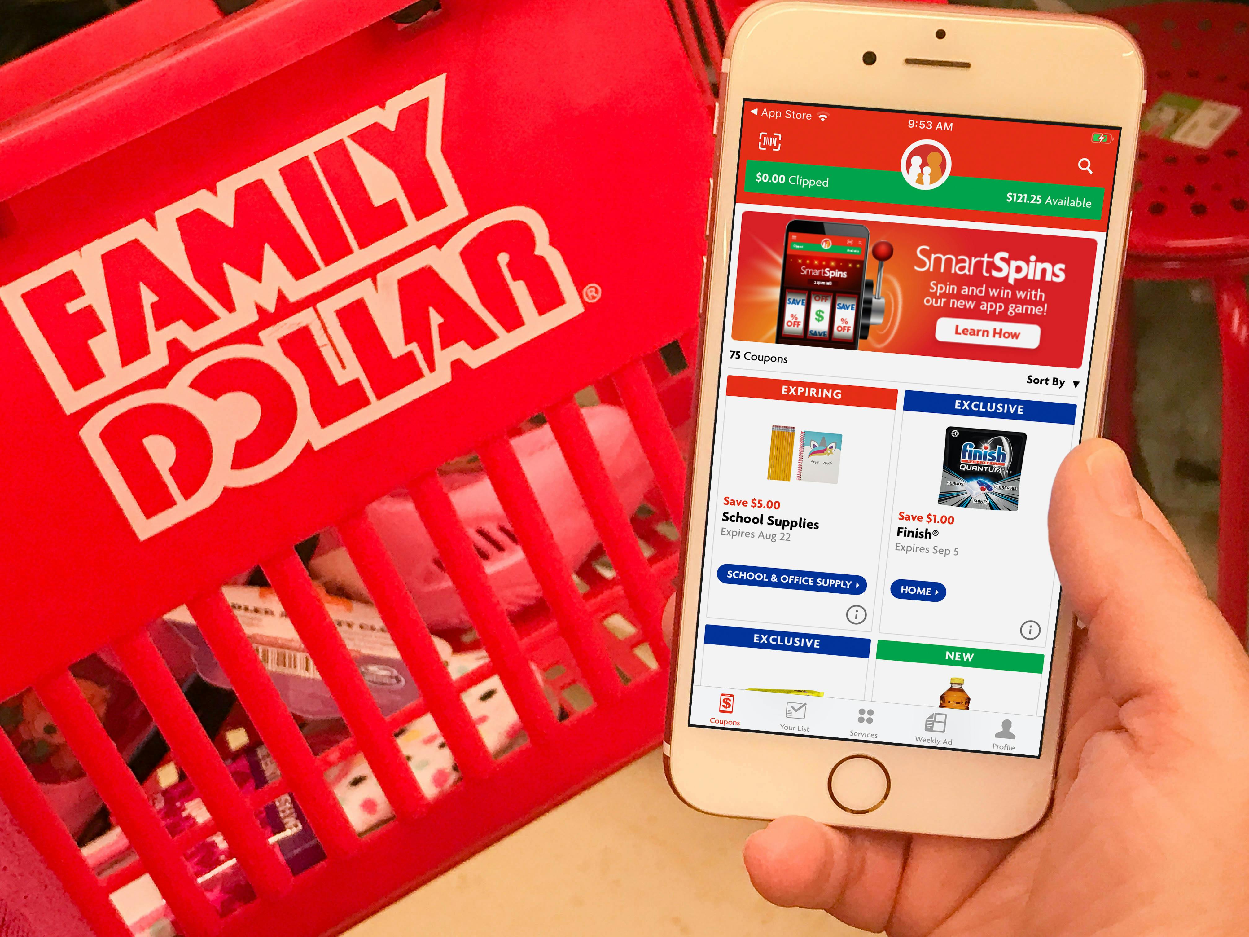 Family dollar app on a iphone next to a family dollar hand basket filled with products.
