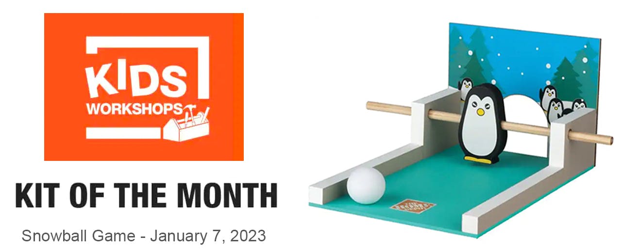 The Home Depot Kids Workshops DIY kit of January 2023, the penguin snowball game