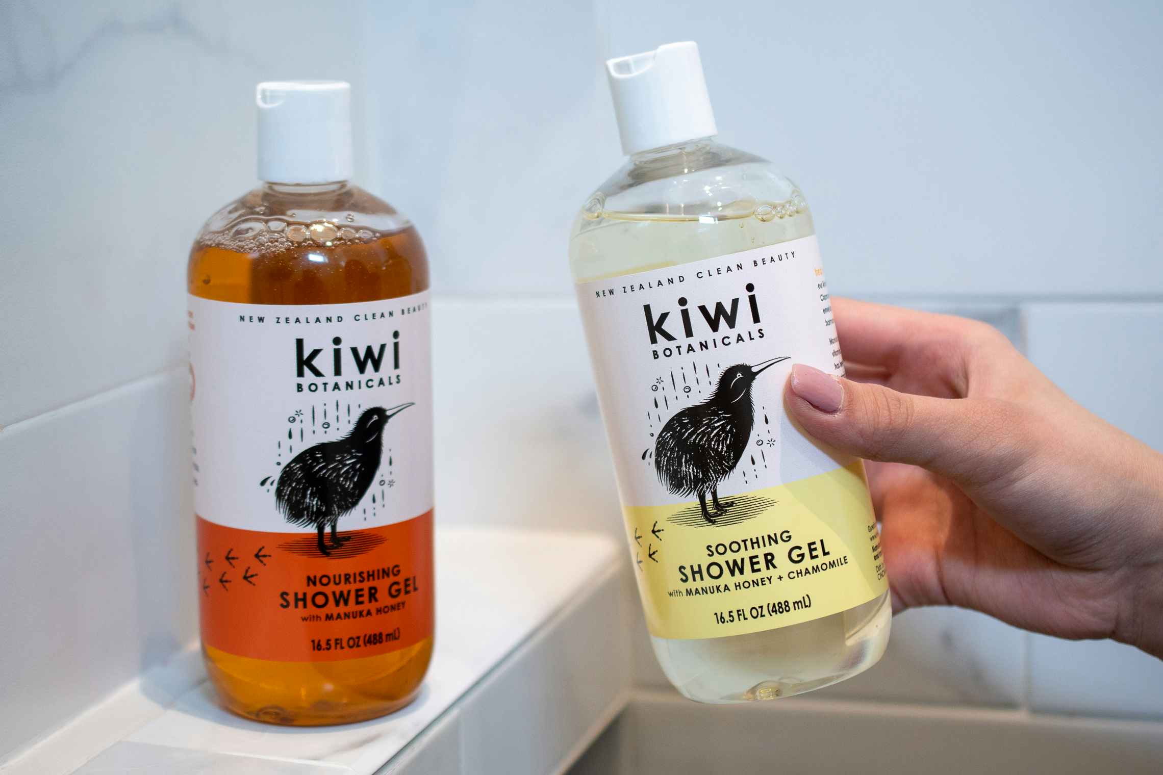 Kiwi Botanicals body wash in a shower