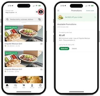 Two phones, one showing the pickup options for Uber Eats and the other showing a $5 off $20 promotion for Chipotle