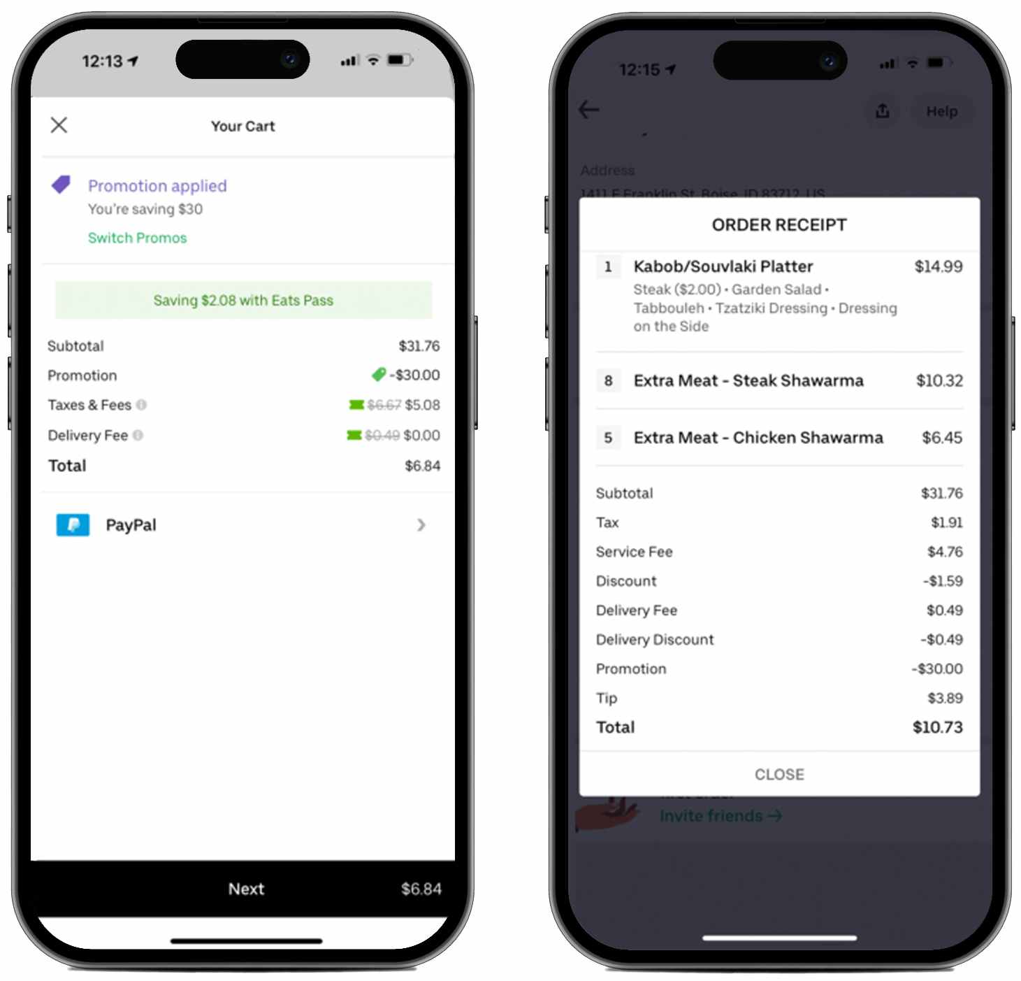 Two phones, one displaying an Uber Eats checkout screen with the total including fees, and the other displaying the order receipt