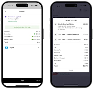Two phones, one displaying an Uber Eats checkout screen with the total including fees, and the other displaying the order receipt