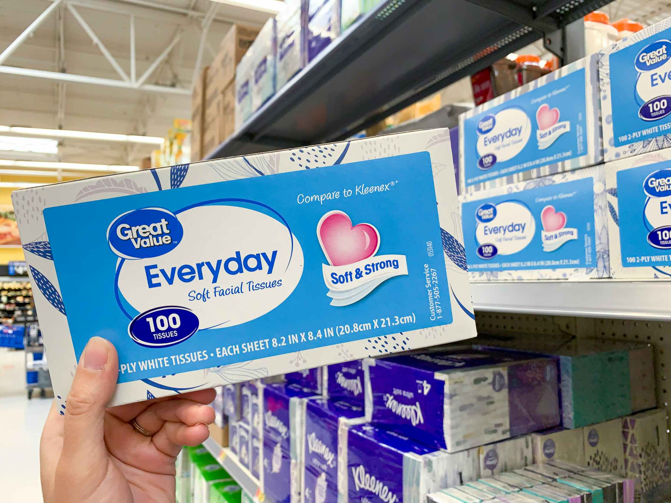 Everyday Great Value Facial Tissue boxes inside Walmart.