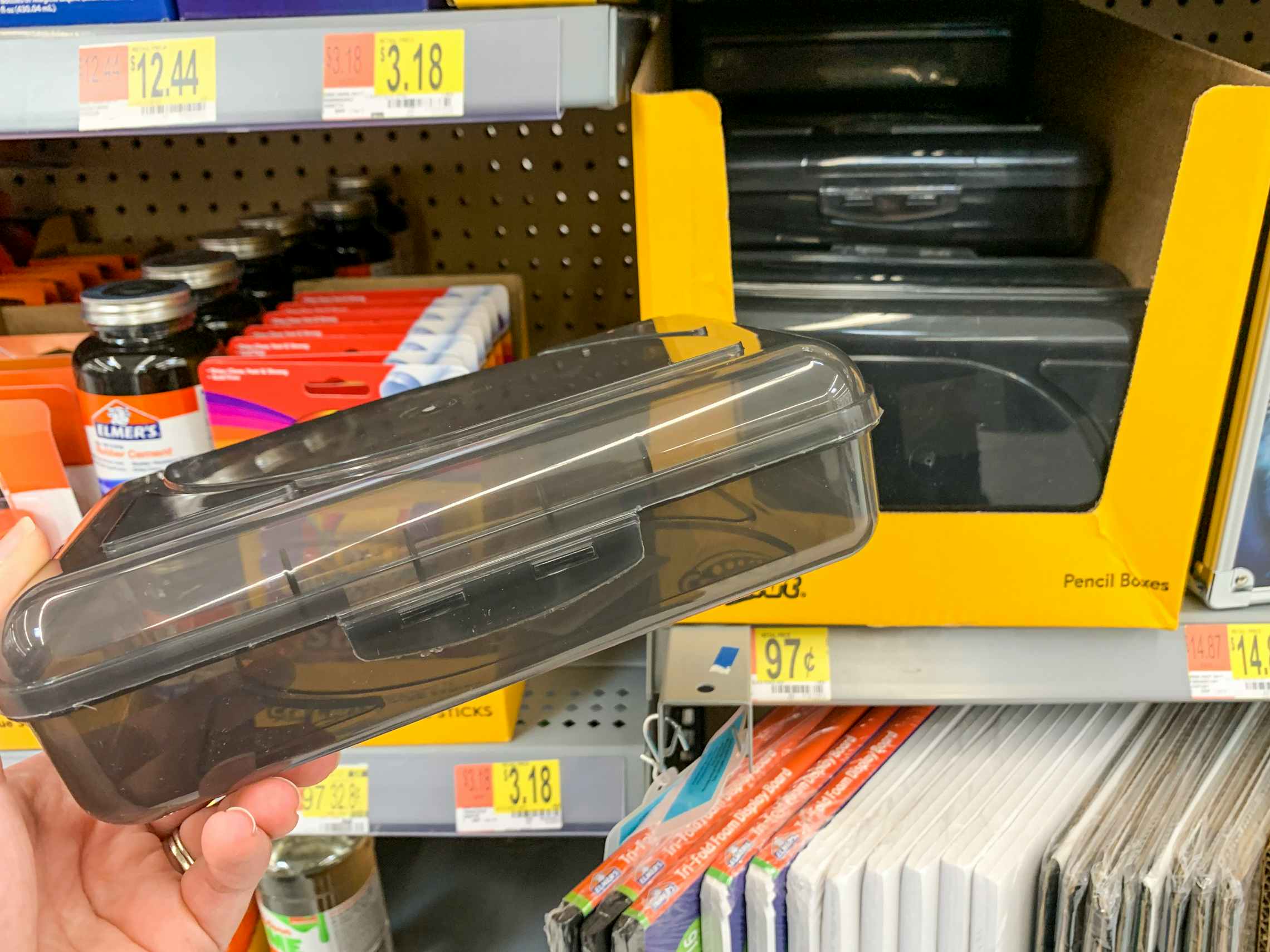 Plastic pencil box at Walmart.