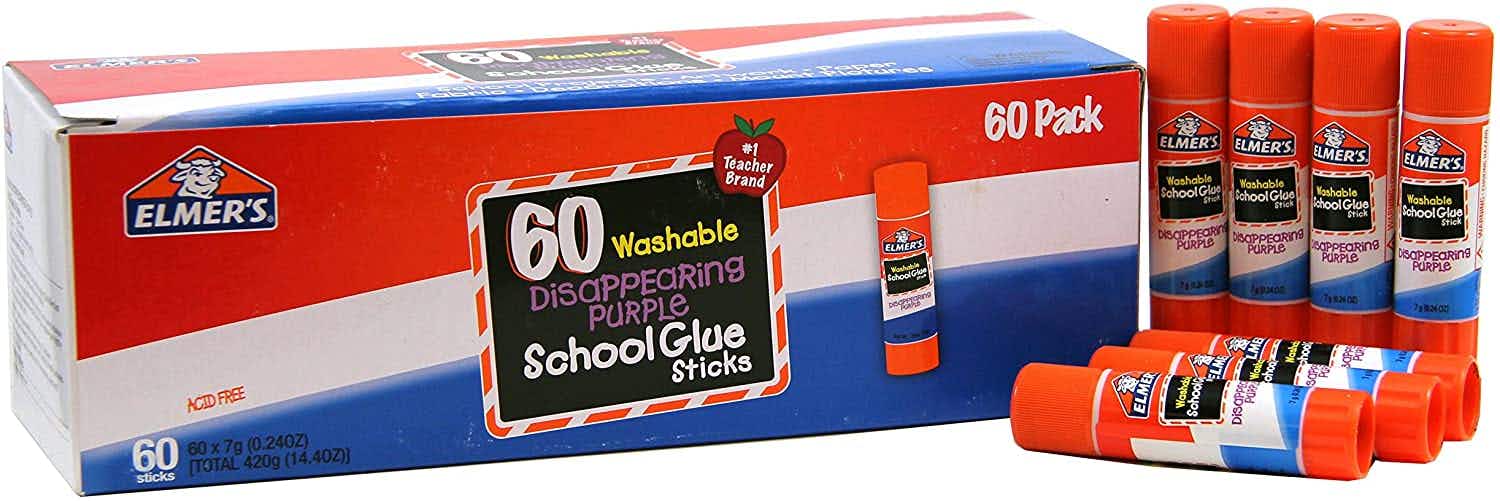 A 60-pack of Elmer's disappearing purple glue sticks on a white background