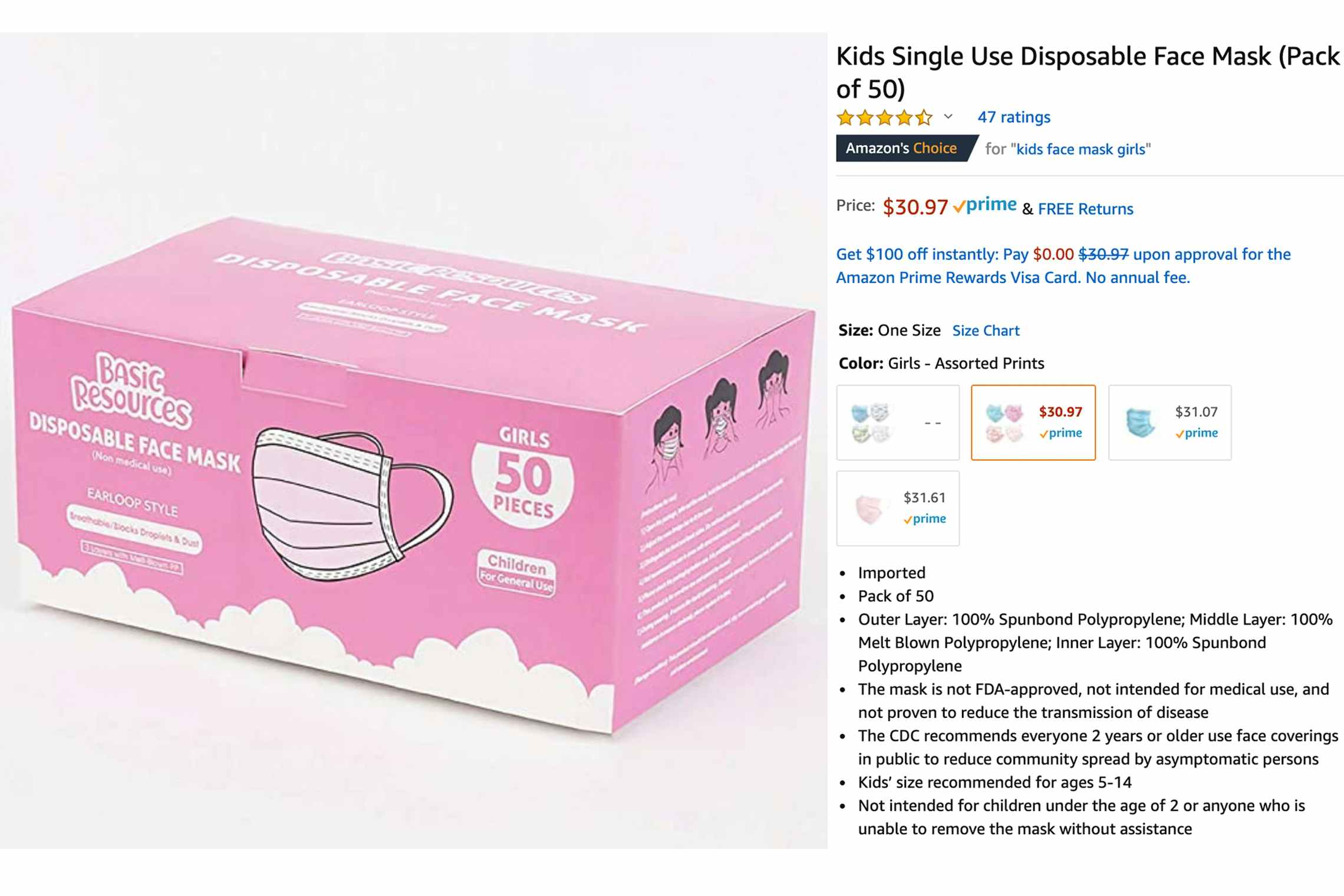 Amazon disposable face mask for kids.