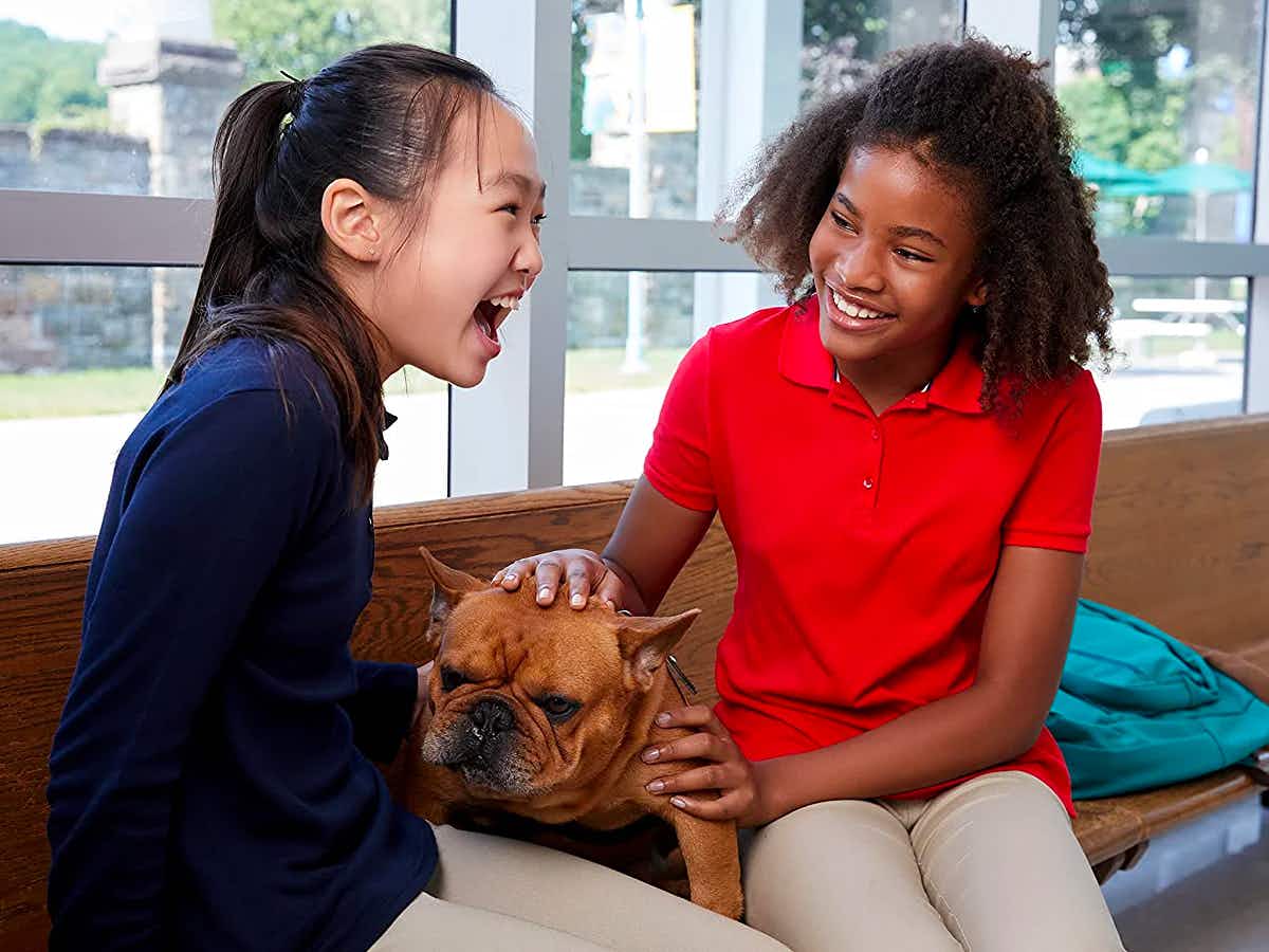 Two school children wearing uniforms laughing together with a dog