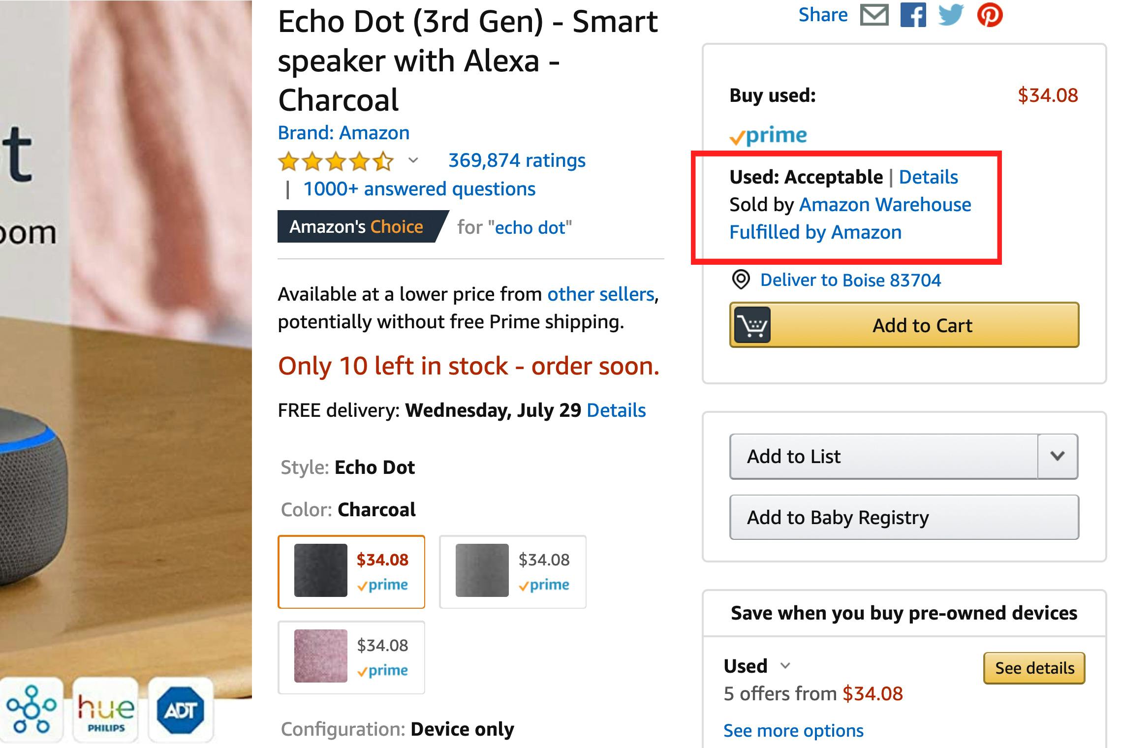 A screenshot of an Amazon echo dot sold on Amazon Warehouse.