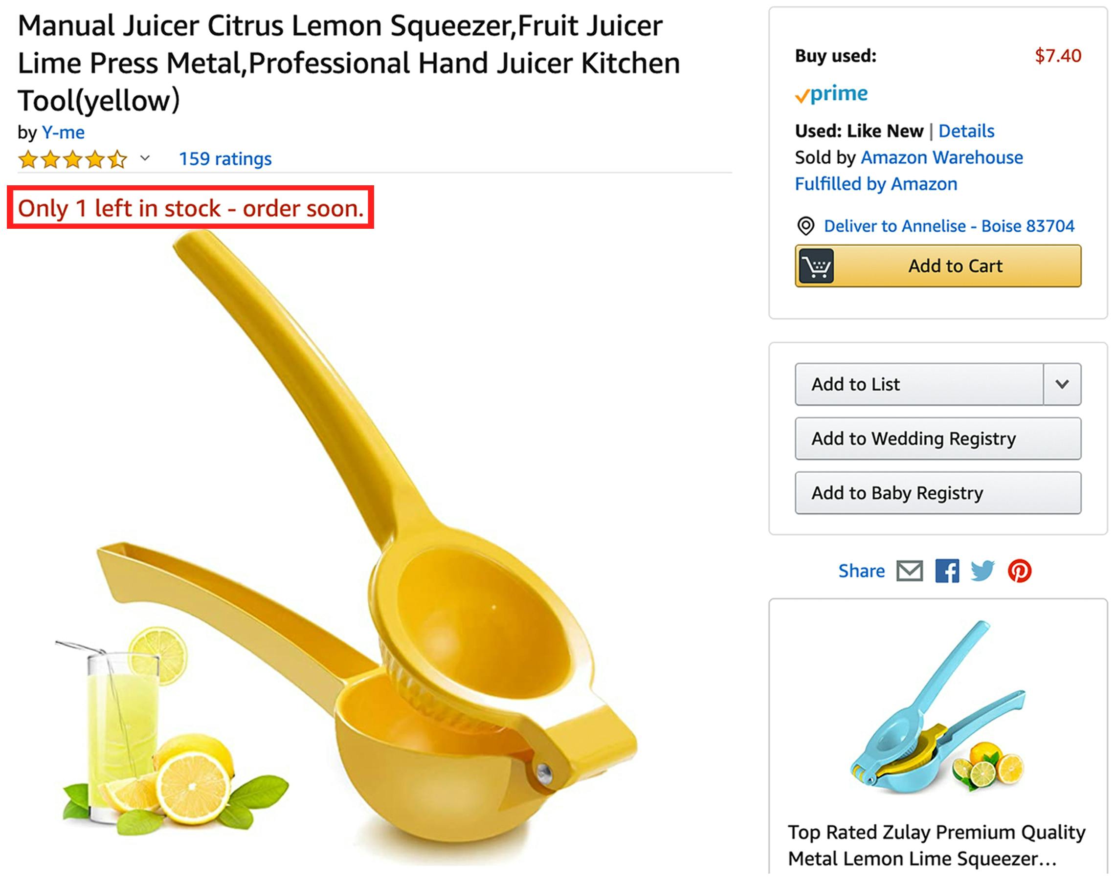 Screenshot of a manual juicer sold on Amazon Warehouse with a red box around the line reading "Only 1 left in stock - order soon