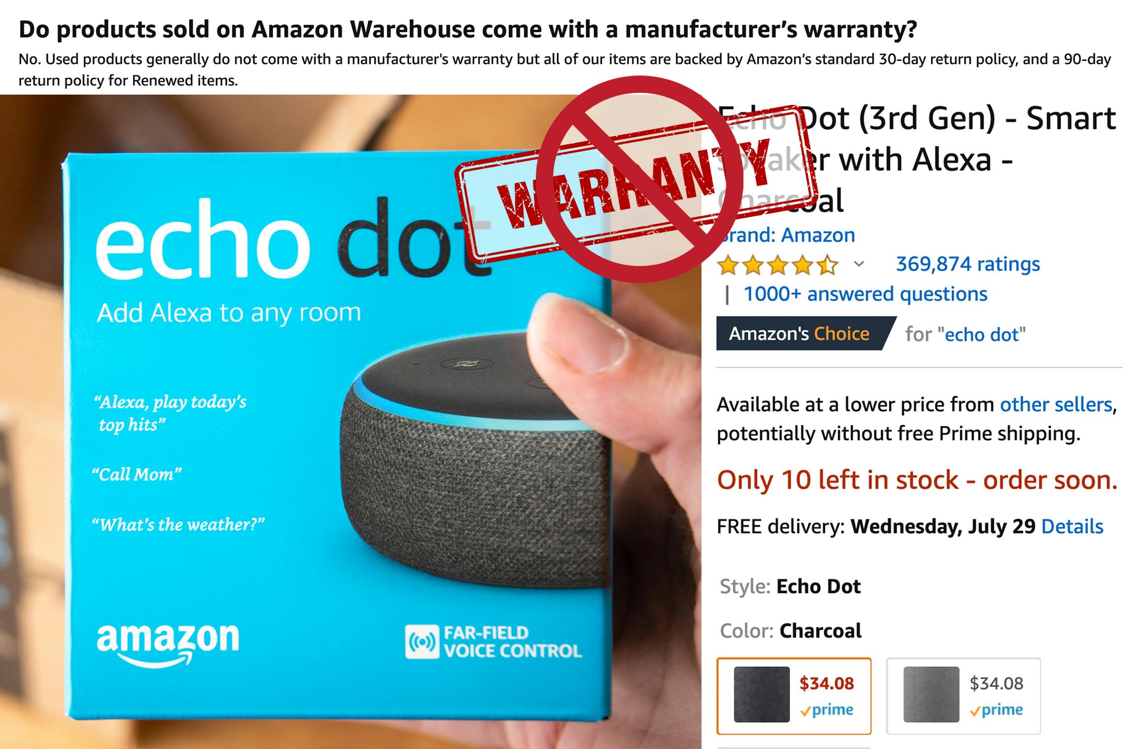 Amazon graphic showing no warranty for amazon warehouse products. 