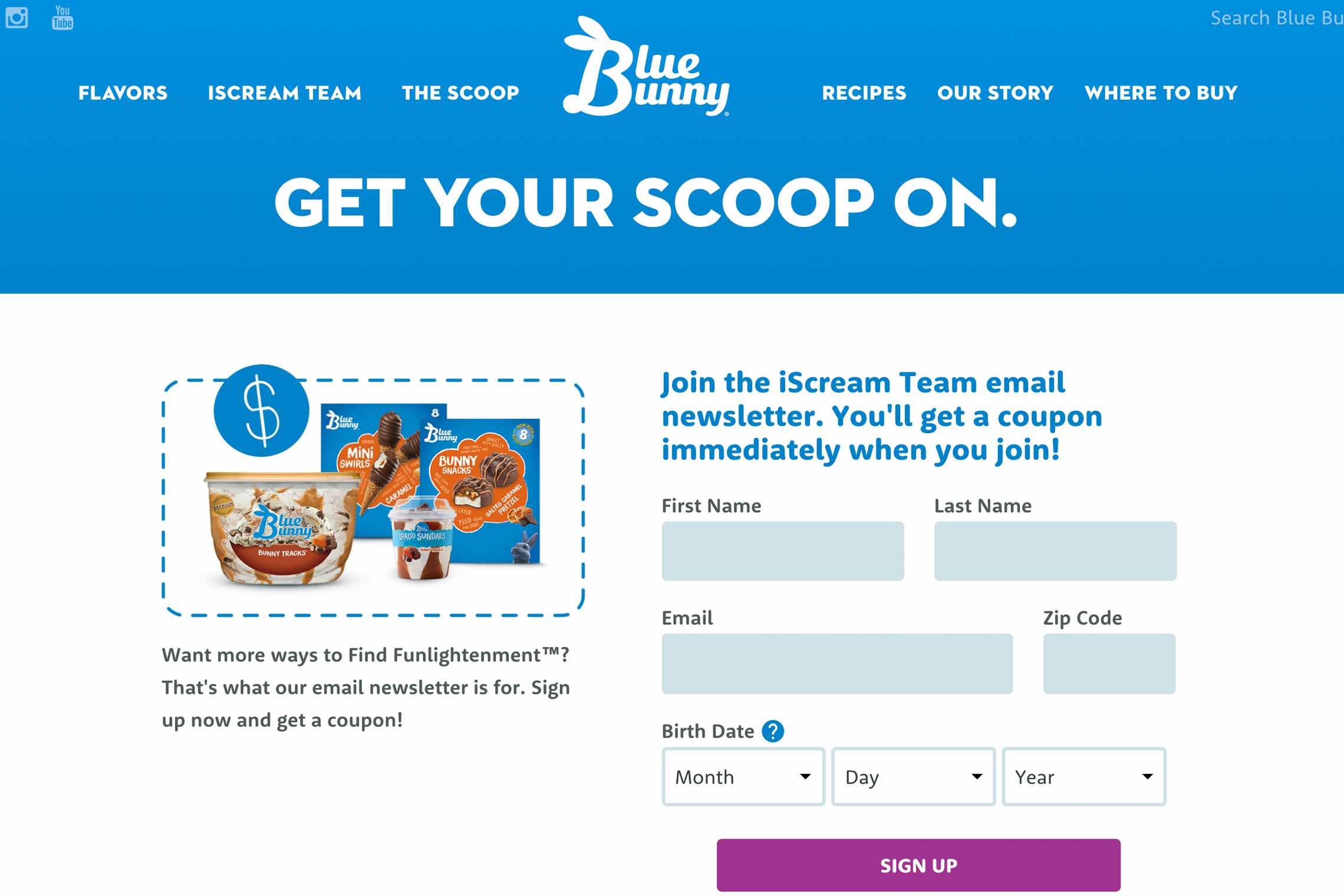 Blue Bunny ice cream website sign up form for email coupons.