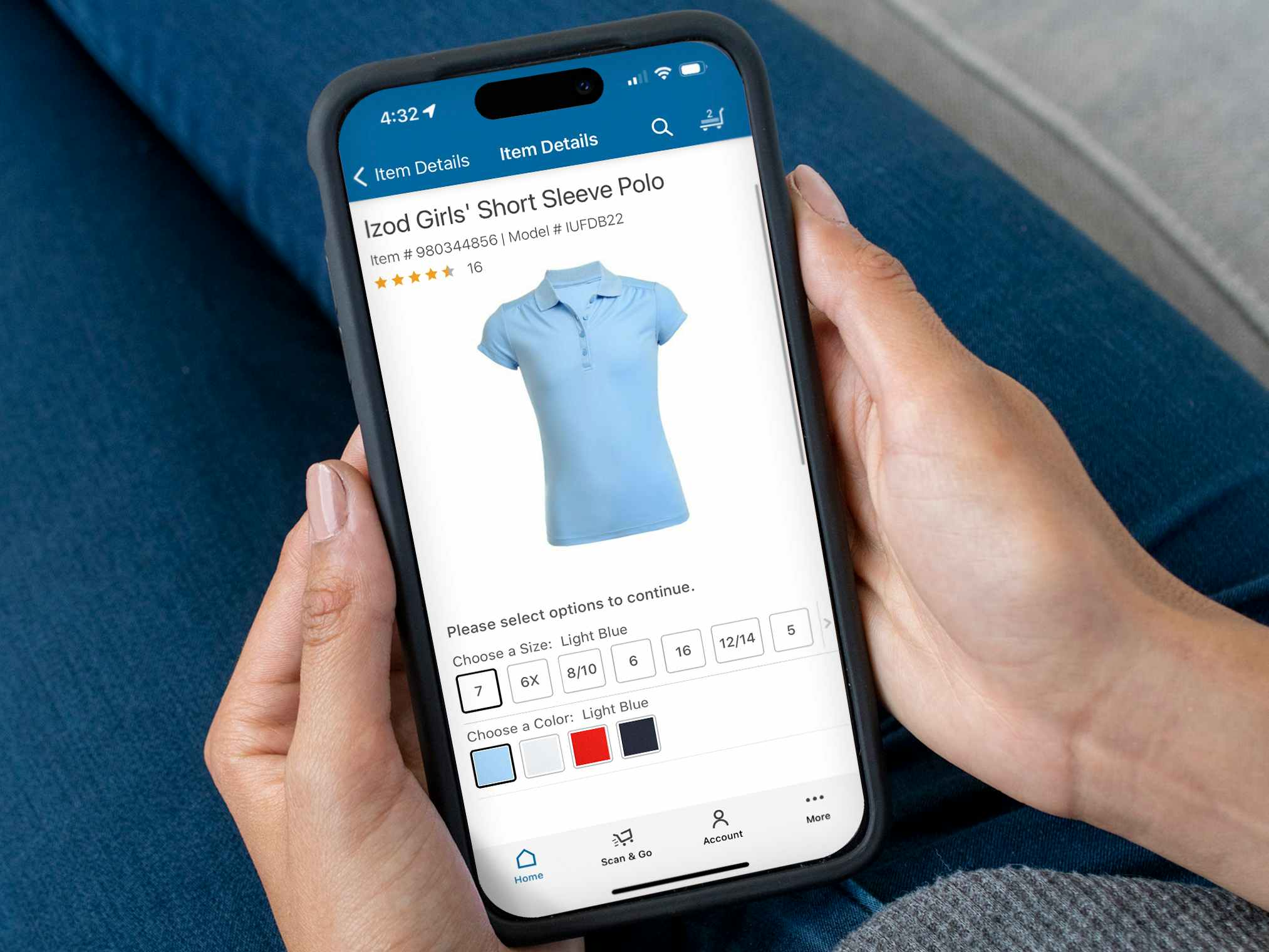 Someone shopping for school uniforms on the Sam's Club app