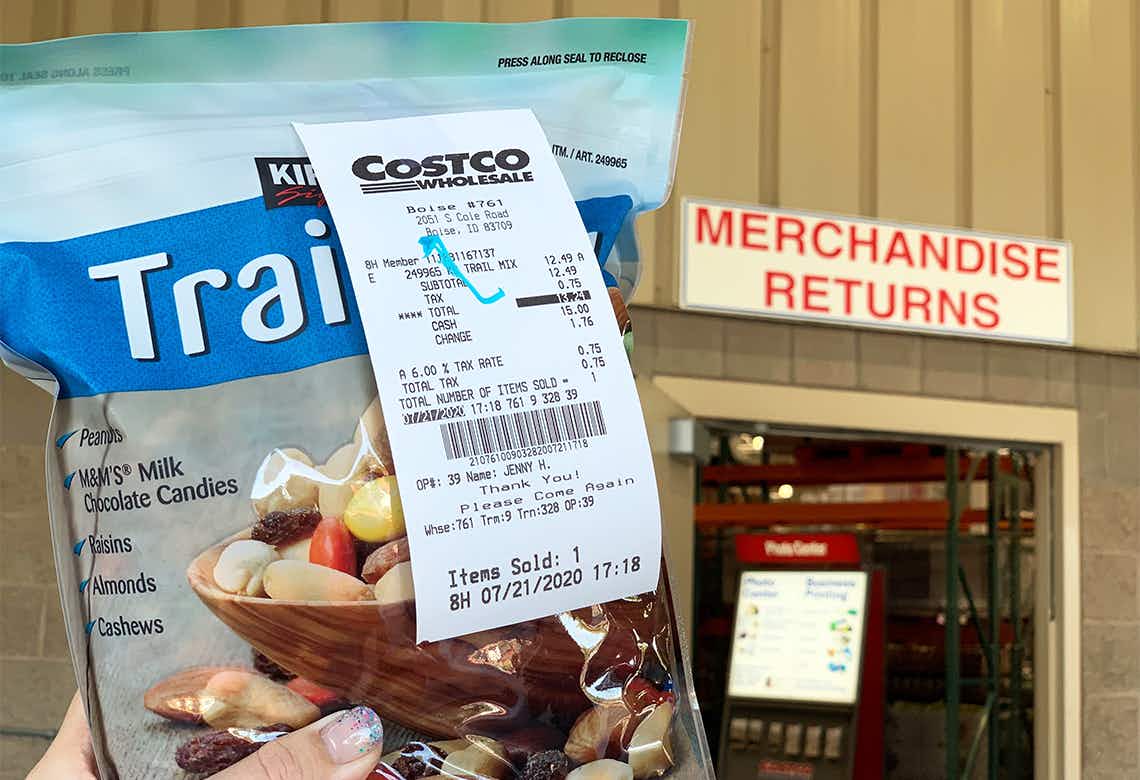 costco kirkland trail mix and receipt at merchandise return