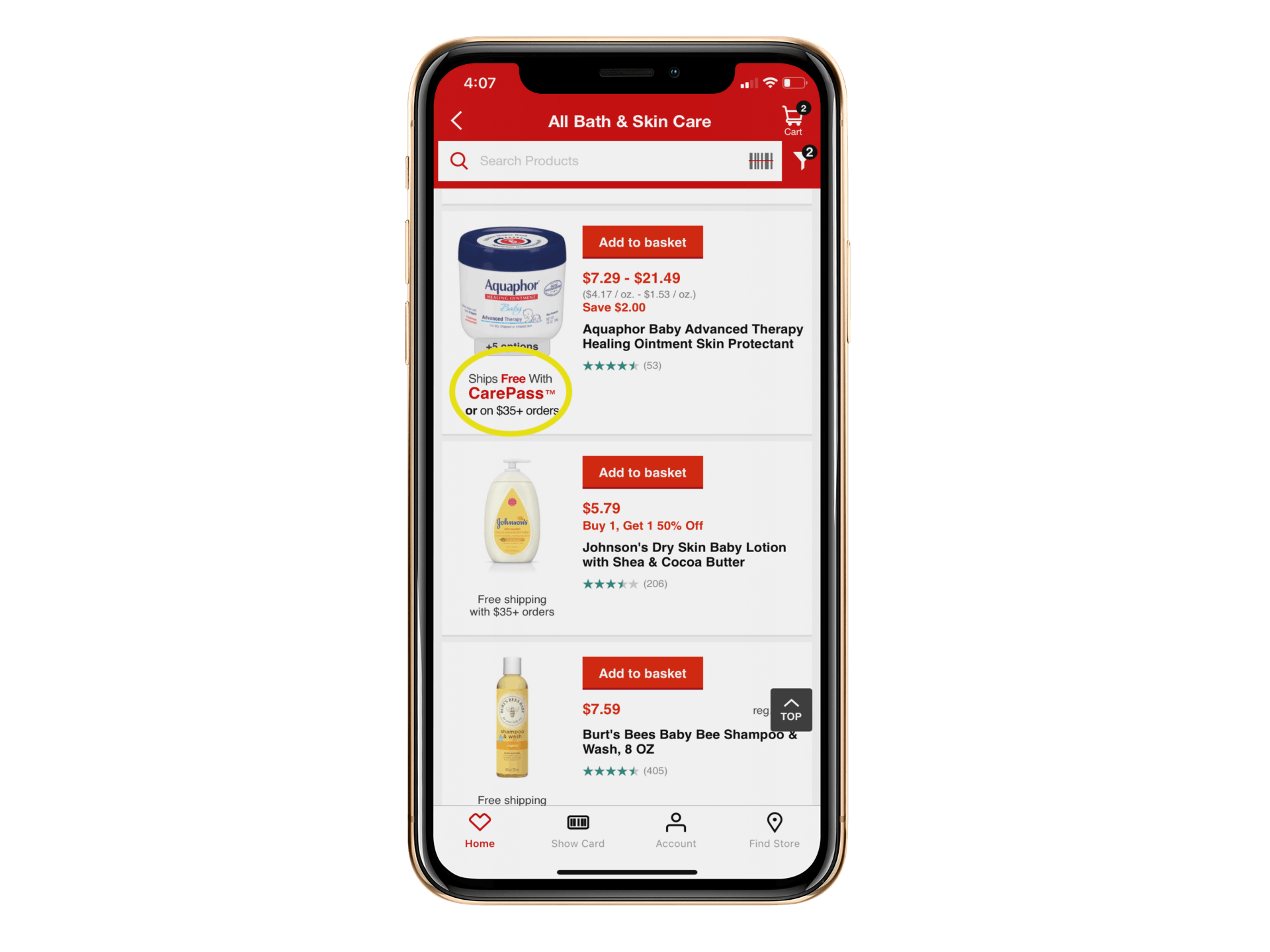 cvs app on iphone shows carepass items eligible for free shipping once $35 min order threshold met